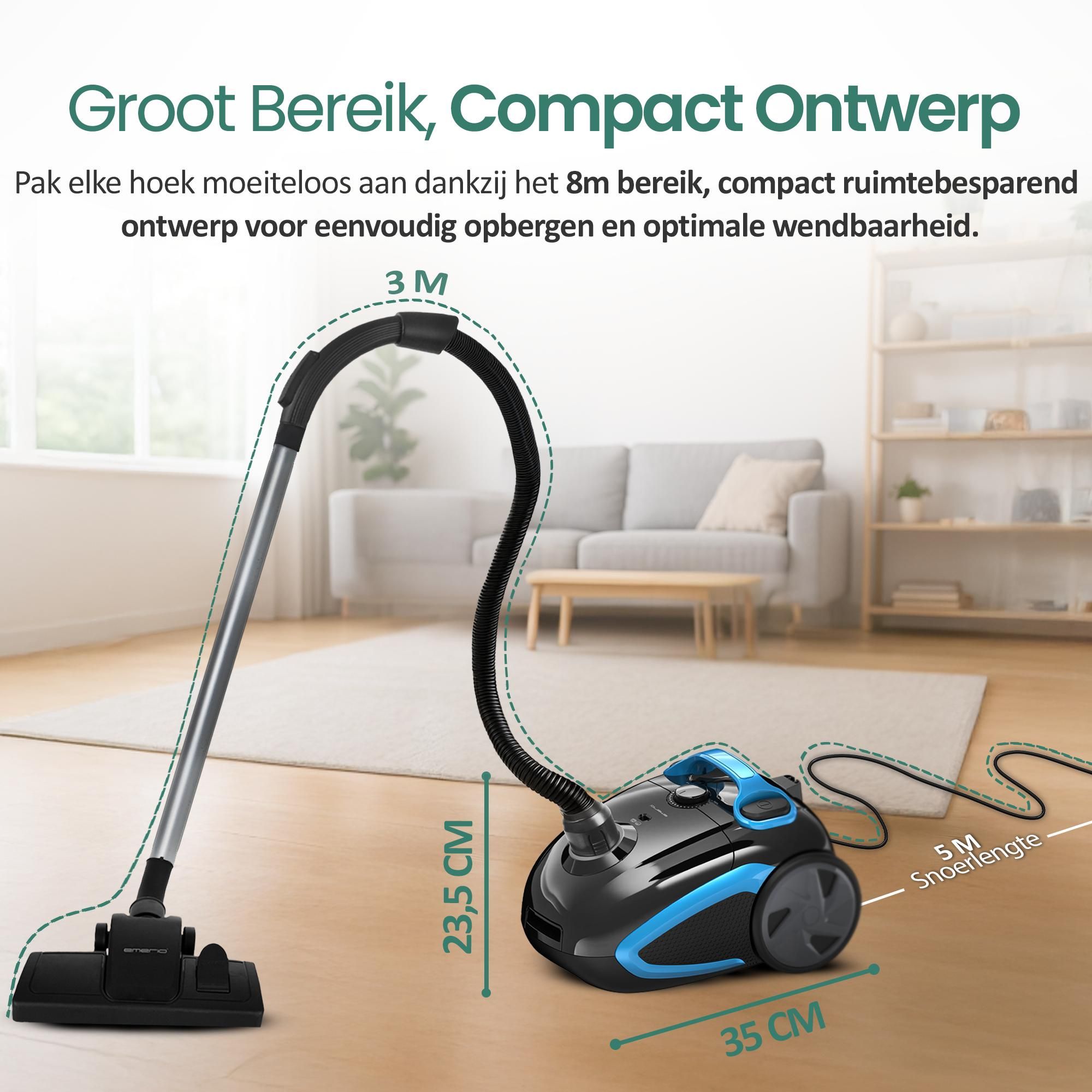 Emerio Stofzuiger met Zak VE-112682.8 – 2,5 L – HEPA10-filter – Snoerlengte 5 m – 800 W – Zwart/Blauw
