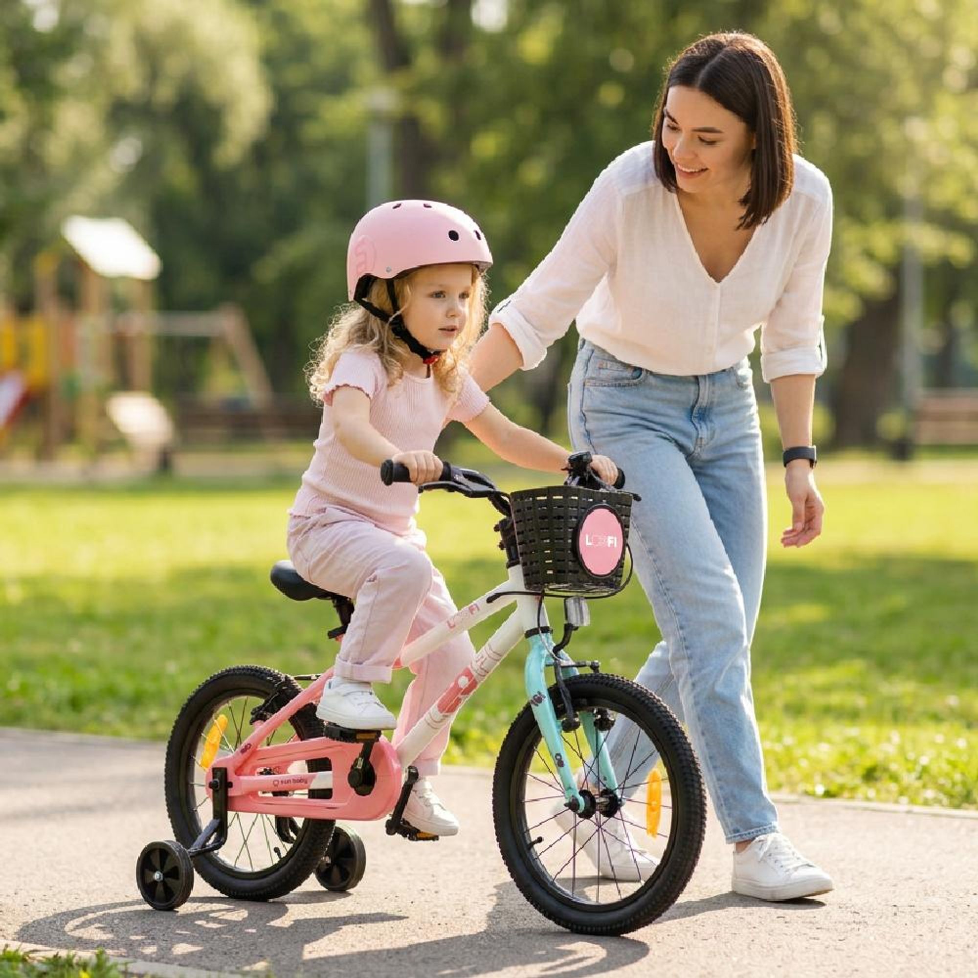 SUN BABY LOOFI Kinderfahrrad 16 Zoll, leichtes Aluminium Fahrrad 6,9 kg für Kinder ab 4 Jahre, mit Stützrädern, Korb, Klingel, Mädchen