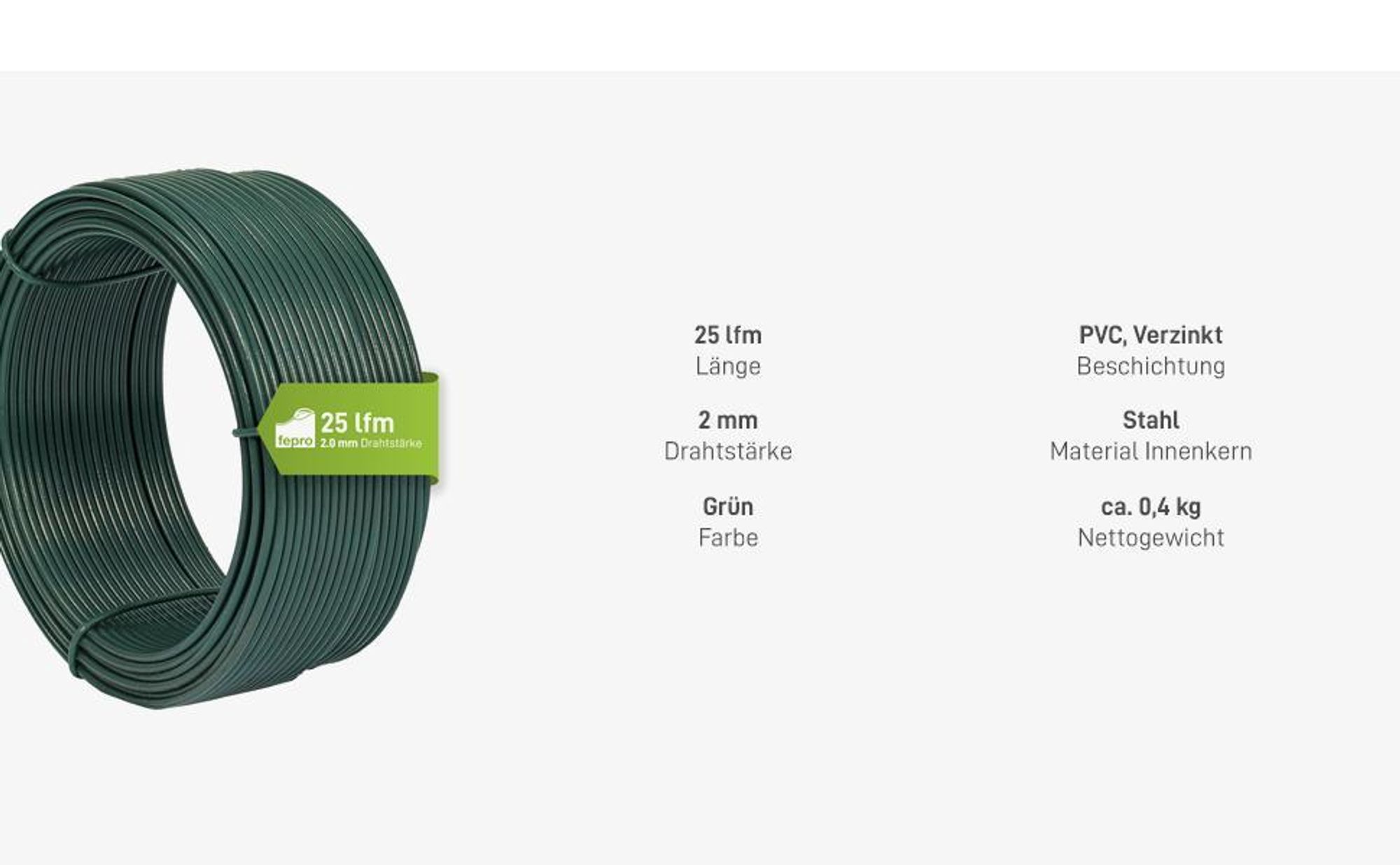 Fepro® Bindedraht 2,0 mm x 25 m, grün, verzinkt und kunststoffbeschichtet - witterungsbeständig, ideal für Maschendraht, Wildzaun, Garten oder basteln
