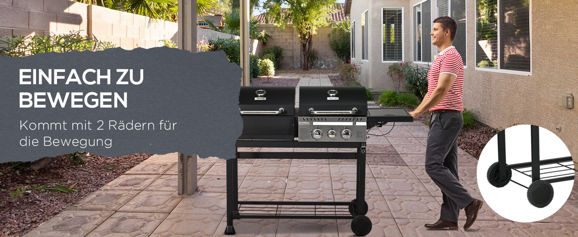 Outsunny Holzkohlgrill Gasgrill mit 2+1 Brenner, Thermometer, Haken, Schwarz