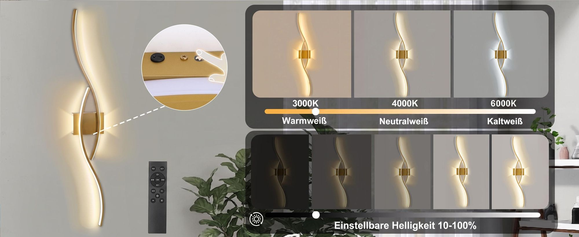 2 Stück LED Wandleuchte Innen Modern Dimmbar 3 Farbtemperaturen Wiederaufladbar Wandlampe mit Fernbedienung