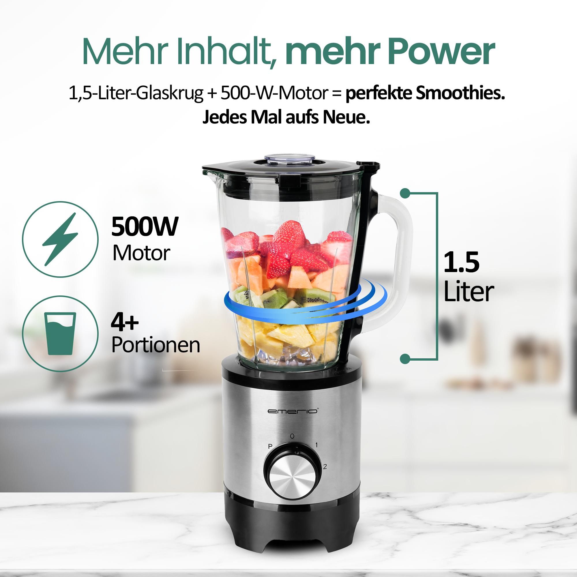 Emerio Edelstahl-Blender – 1,5 L Fassungsvermögen – Smoothie-Maker mit Glaskanne – 500 W – BL-130988 – Schwarz / Silber