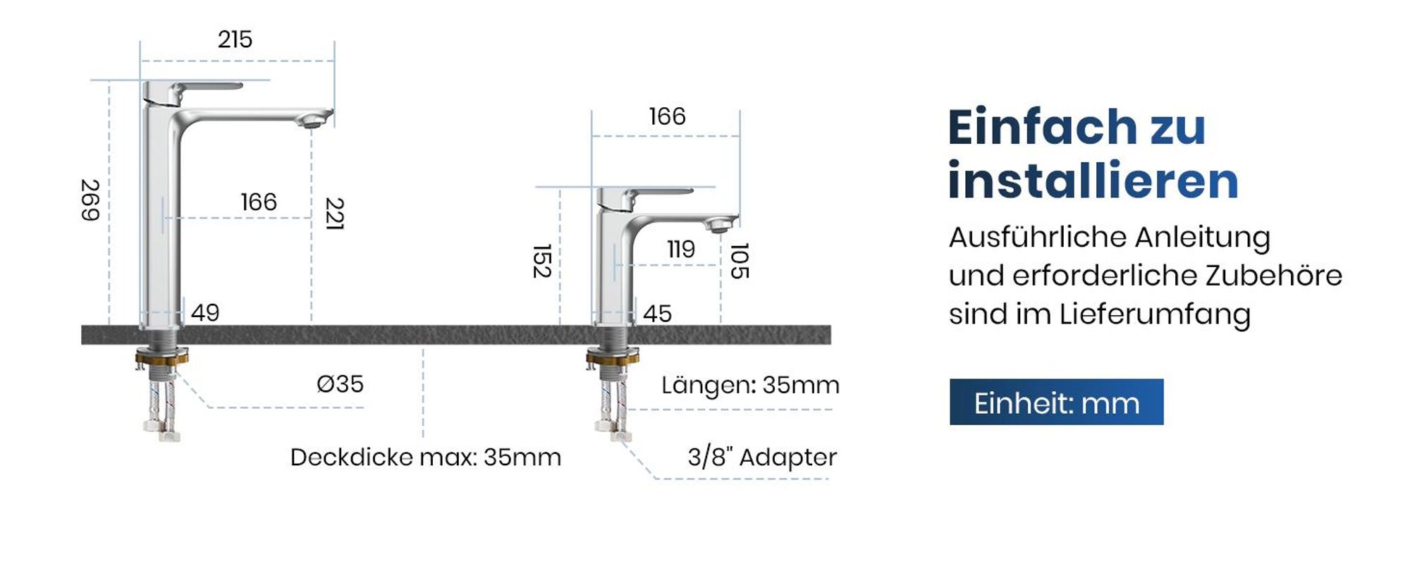 EMKE Waschbeckenarmatur Waschtischarmatur Badarmatur Einhebelmischer Wasserhahn Bad aus Messing 269 x 215 x 49mm Chrom