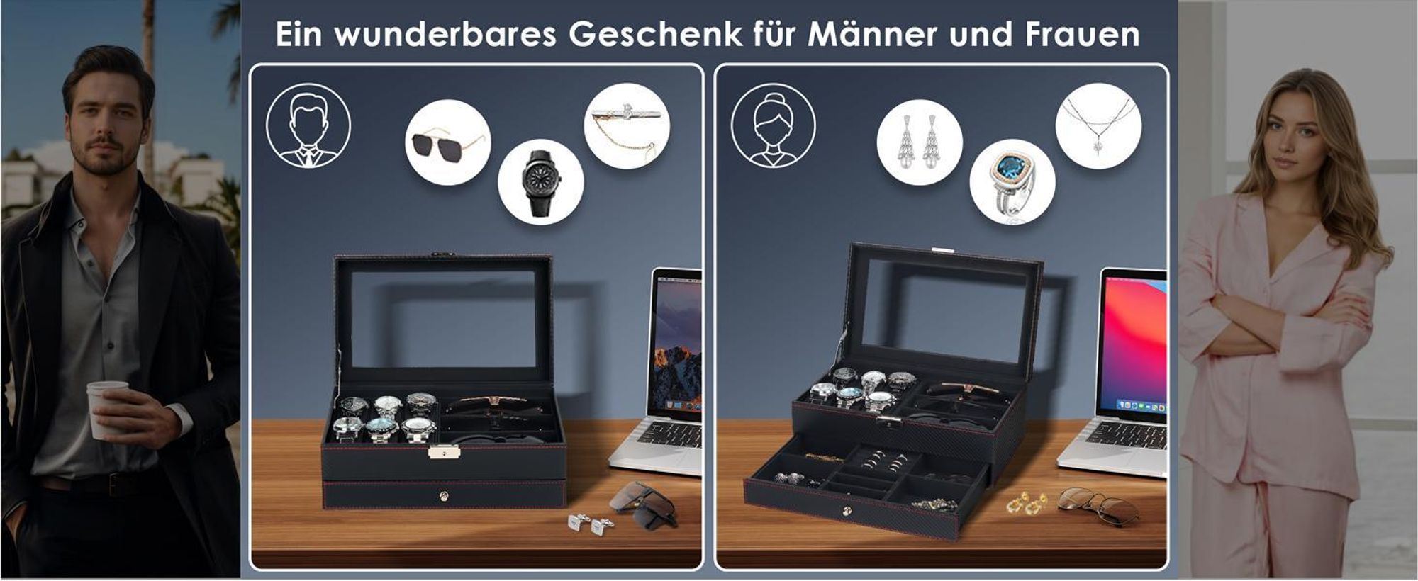 Uhrenbox, Uhrenkasten mit Glasdeckel, Uhrenkoffer mit Schloss, Uhren- und Brillen-Organizer, Schmuckkasten für Herren, Vatertagsgeschenk