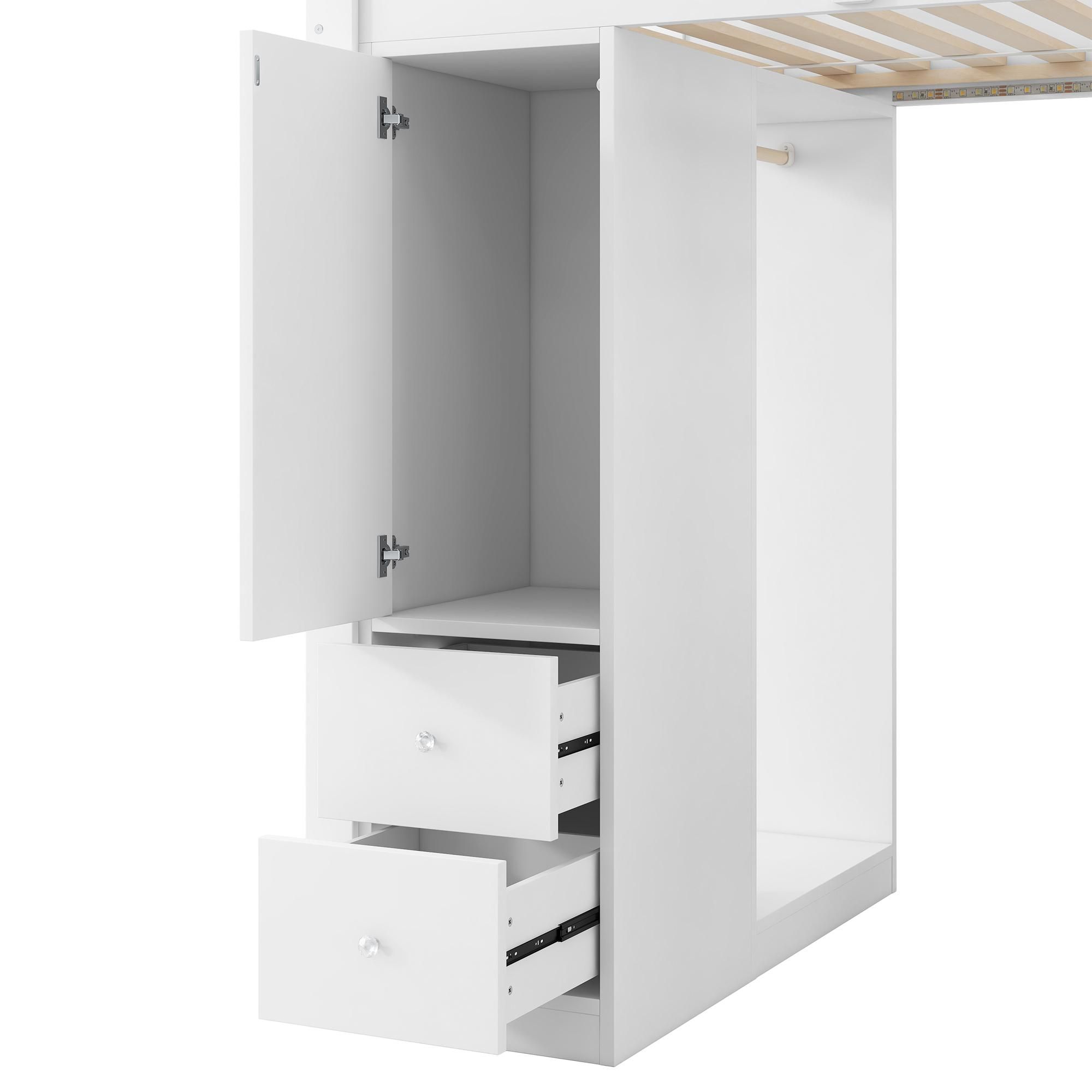 Merax Etagenbett Hochbett 90x200cm mit 4 Schubladen, Stauraumschrank, Schreibtisch, Offenem Kleiderschrank, LED-Licht, USB, Kinderbett Stockbett, Weiß