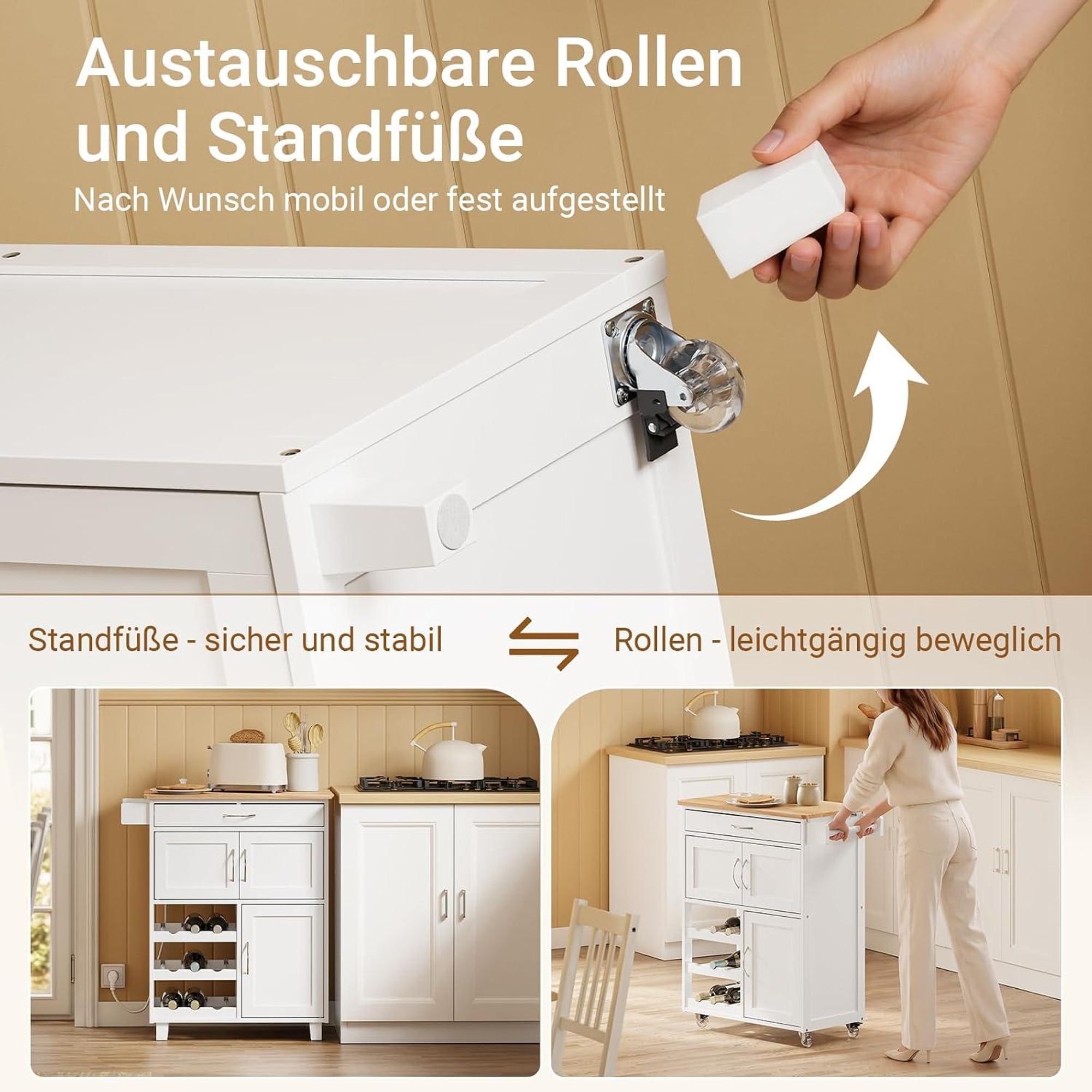 SoBuy Küchenwagen mit Arbeitsplatte, Schublade und Weinregal, weiß Obere Arbeitsplatte eine Schublade ein Oberschrank FKW45-E-WN