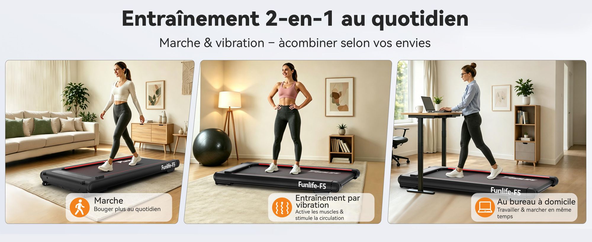 FunLife F5, tapis de marche 2-en-1 avec entraînement par vibrations – moteur sans balais, tapis de course silencieux pour la maison et le bureau, vitesse de 1 à 6 km/h, design compact