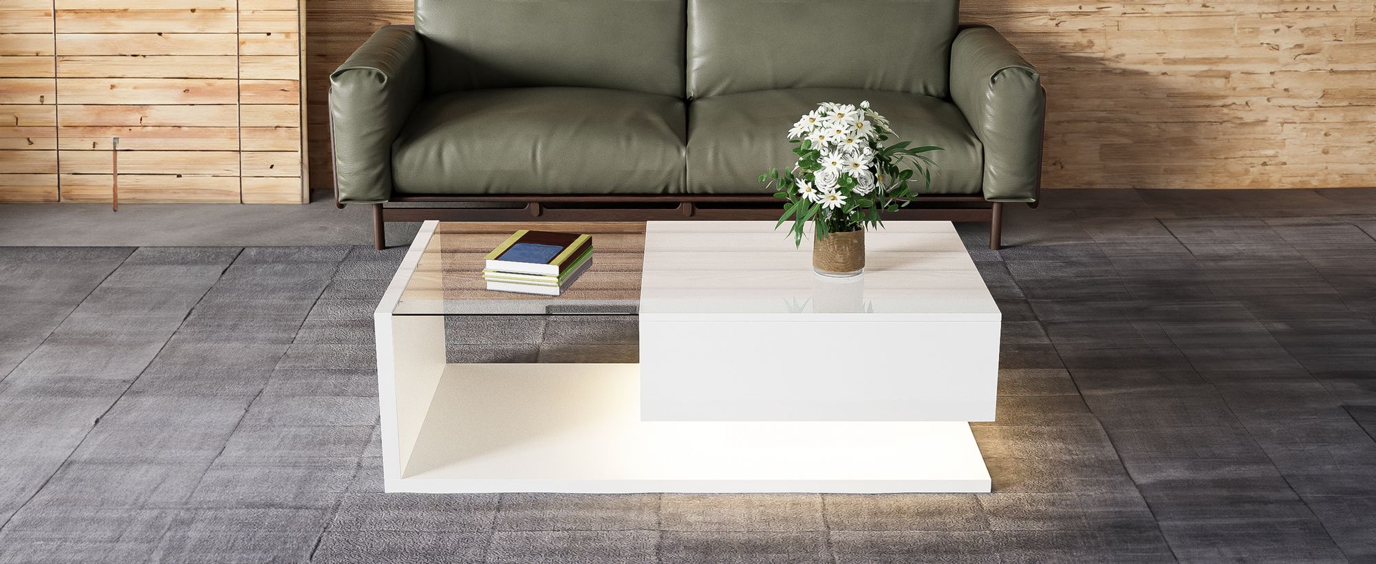 okwish Couchtisch Hochglanz Rechteckig, LED-Beistelltisch für Schlafzimmer, Wohnzimmertische mitGlas fürs Wohnzimmer, Beistelltisch mit 1 Schublade, Weiß