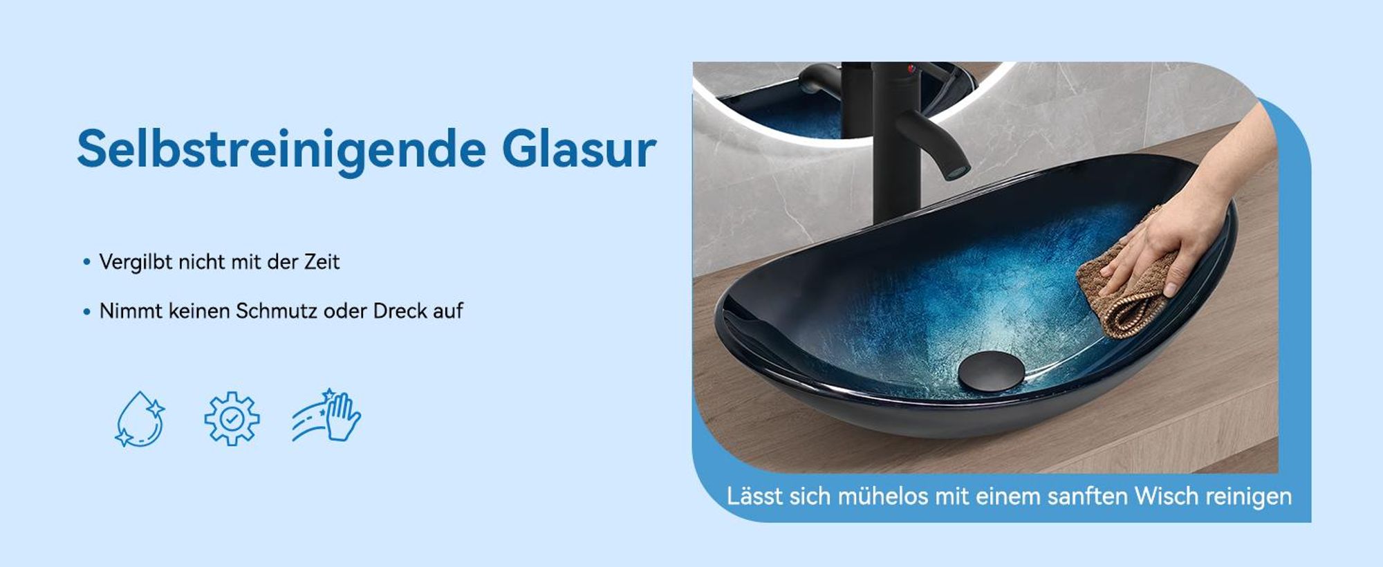 Puluomis Waschbecken Glas Aufsatzwaschbecken Waschschale Oval mit Wasserhahn Ablaufgarnitur Schwarz dunkelblau