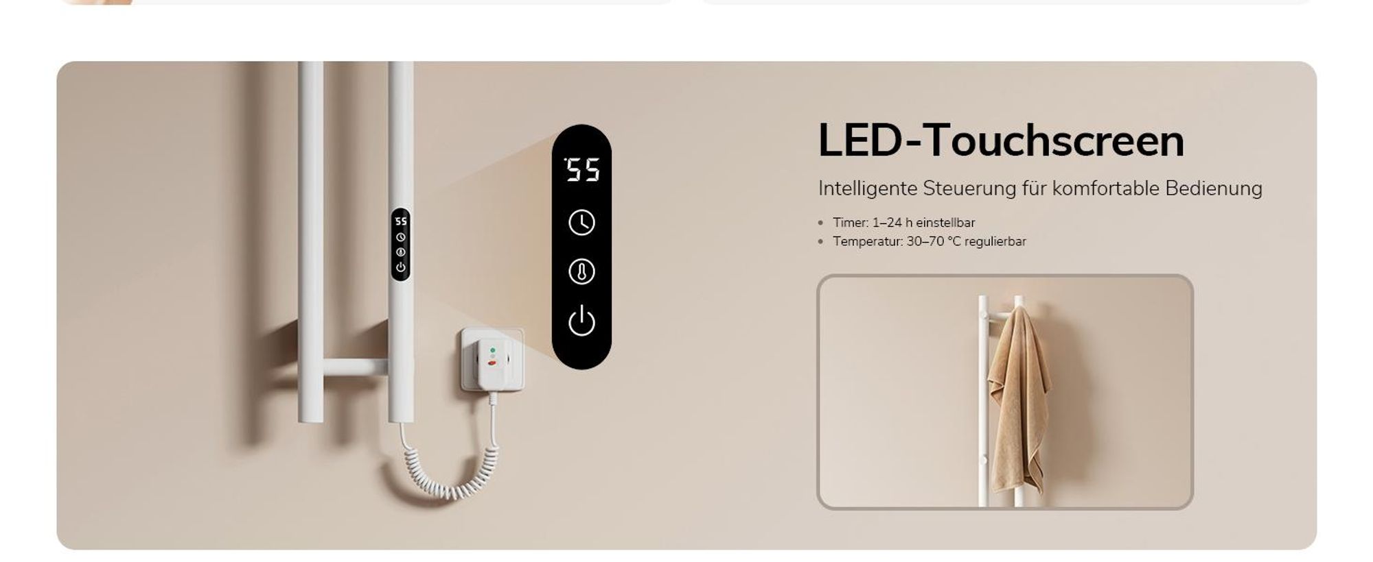 EMKE Elektrischer Handtuchheizkörper WLAN-App Steuerung mit Wochenprogramm LED Touchscreen Kompakt 2-Rohr Handtuchtrockner 120x12,4cm 145W Weiß