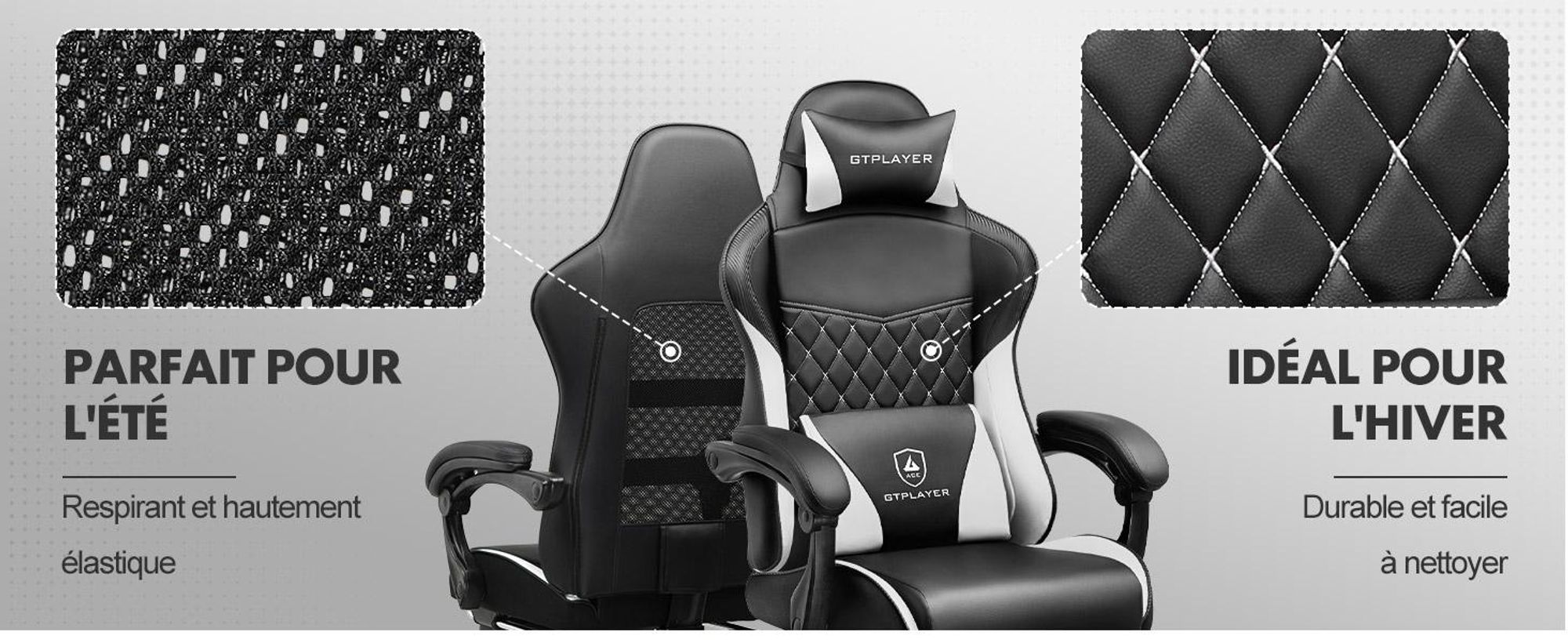 Chaise de jeu GTPLAYER, Gaming Chair, Chaise de bureau ergonomique réglable en hauteur, pratique pour l'hiver et l'été, avec double dossier avec repose-pieds