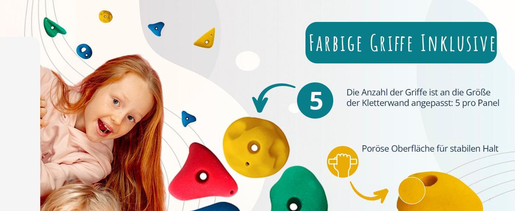 Create for you® - Kletterwand Kinderzimmer + 5 Klettersteine, Indoor, 60x120cm