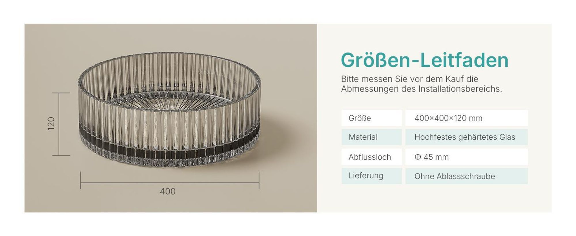 EMKE Aufsatzwaschbecken Rund 400x400x120mm aus gehärtetem Kristallglas Transparent grau Elektroplattiert, ohne Hahnloch & Überlauf, Modernes Design