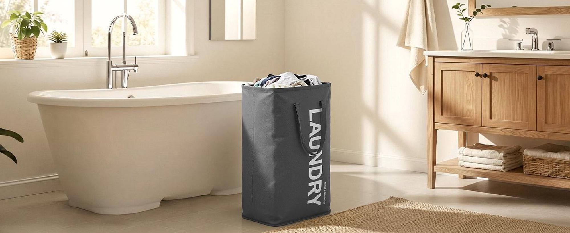 SONGMICS Wäschekorb, 80 L, Wäschesammler faltbar, Aufbewahrungskorb, mit Henkel, Wäschesack, wasserabweisend, für Waschküche, Schlafzimmer