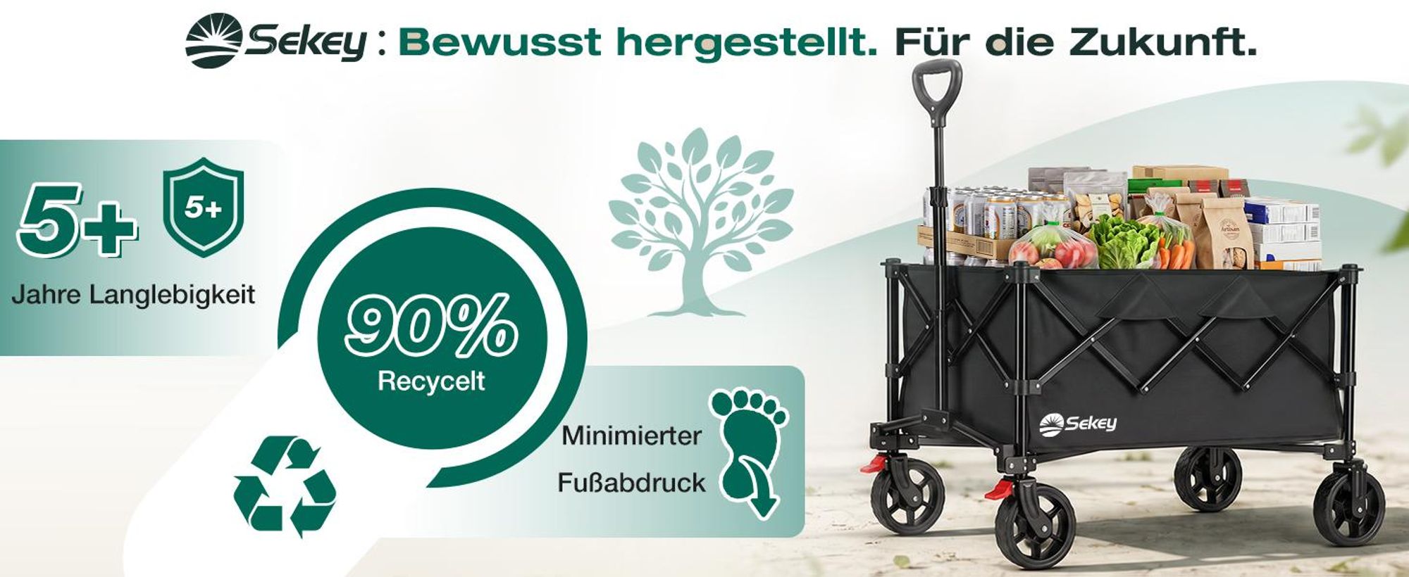 Sekey Bollerwagen faltbar 150 kg mit Bremsen, klappbarer Handwagen für Garten und Ausflug, Schwarz