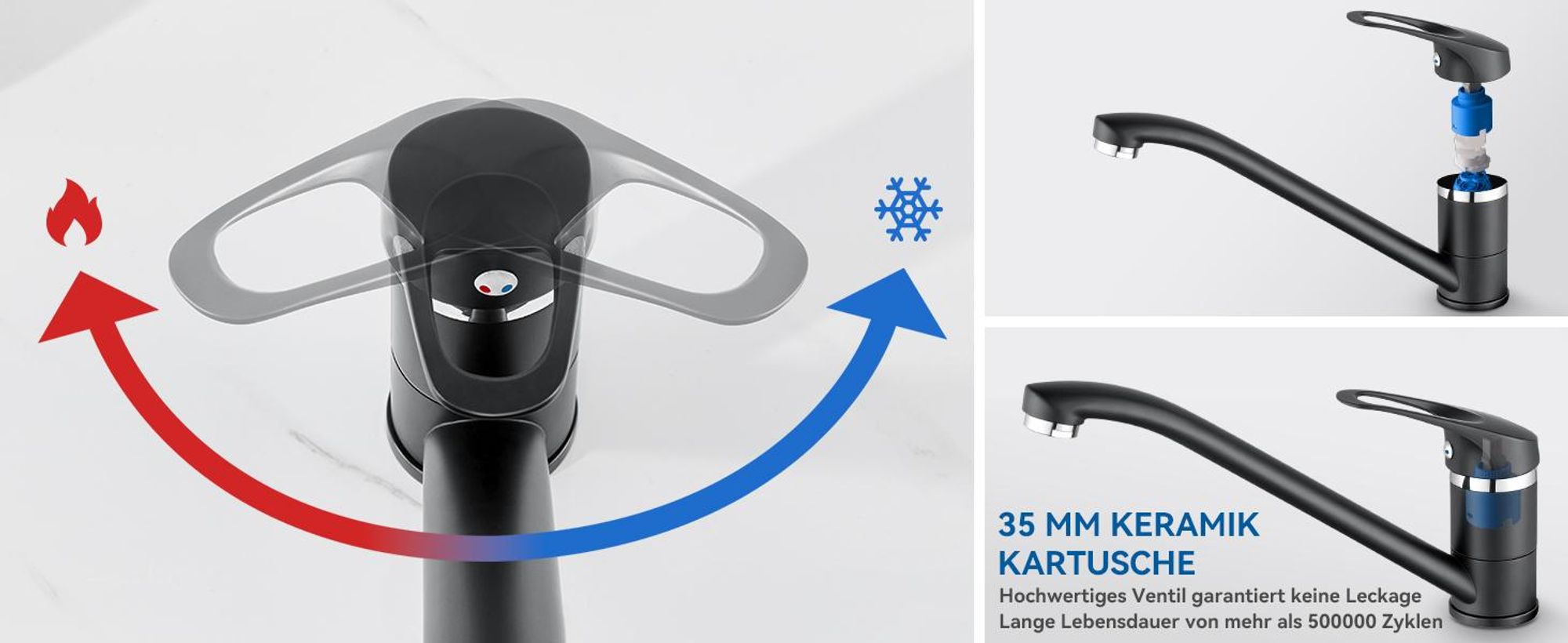 Küchenarmatur mit langem Auslauf – 360° drehbarer Wasserhahn in Schwarz, Edelstahl-Innenleben, ABS-Luft-Einspritzer, für links/rechts montierbar
