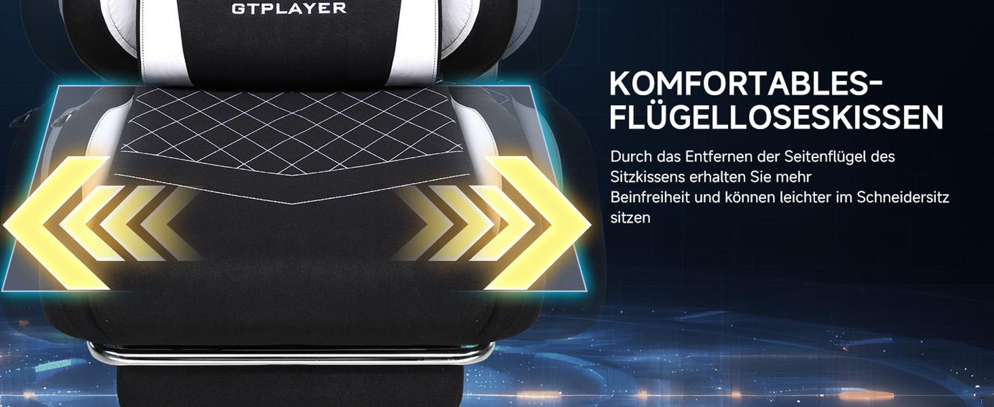 GTPLAYER Gaming Stuhl, Ergonomischer Gamer Stuhl aus Stoff mit Lendenwirbelstütze, PC-Stuhl mit verbreiterter Rückenlehne, Belastbar bis 150 kg, Schwa