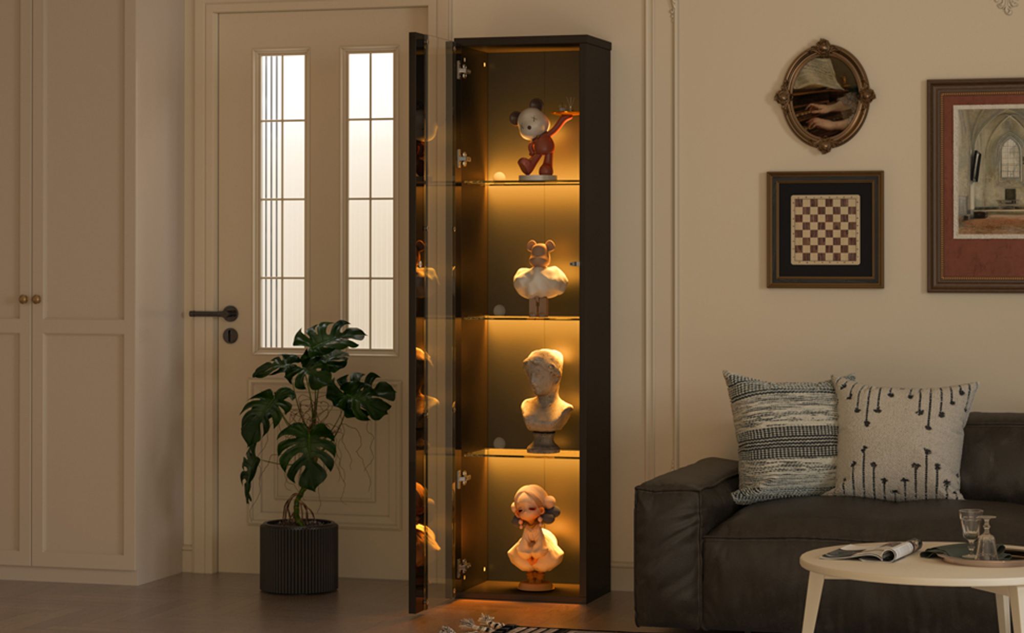 Flieks Glasvitrine mit LED-Beleuchtung 40x29x170 cm, Vitrine Sammlervitrine mit Acrylplatte, Standschrank Hochschrank mit 1 Tür, schwarz