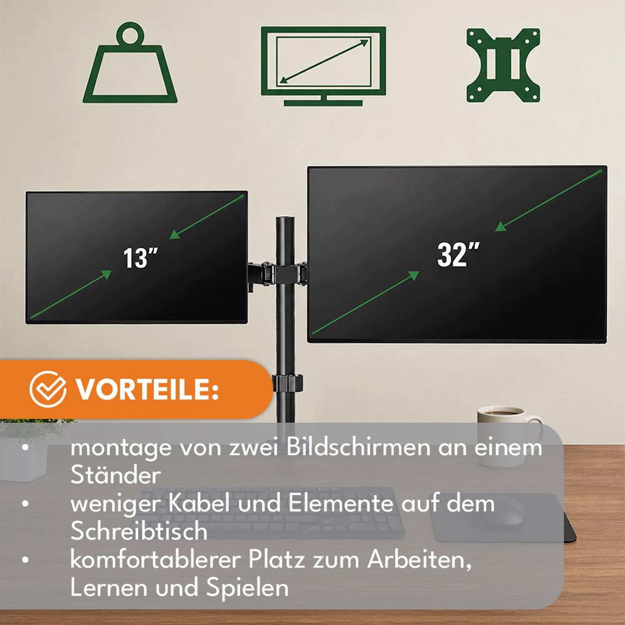 KRUMAD Monitor Halterung für 2 Monitore, 13–27 Zoll, Dual Monitorhalterung 360° Drehung, Bildschirmhalterung bis 9 kg, inkl. Montage System, Schwarz