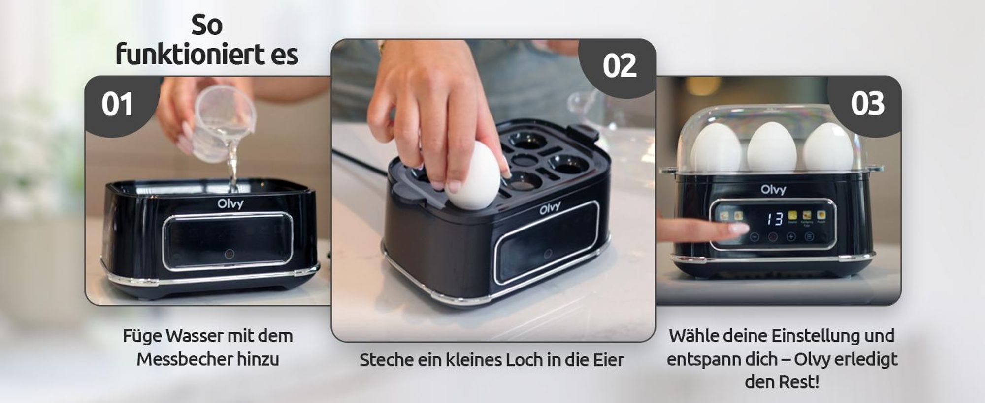 Olvy Eierkocher für 1-6 Eier mit Omelett- & Pochierfunktion – LCD-Timer, Abschaltautomatik, BPA-frei, leicht zu reinigen, elektrisch & kompakt