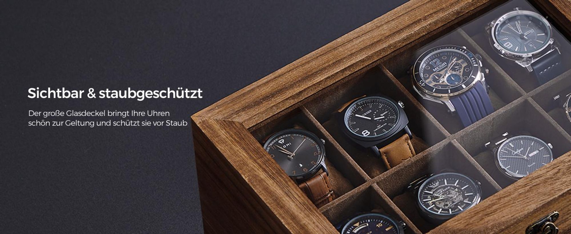 SONGMICS Uhrenbox Uhrenkasten, mit 8 Fächern, aus Massivholz, Glasdeckel