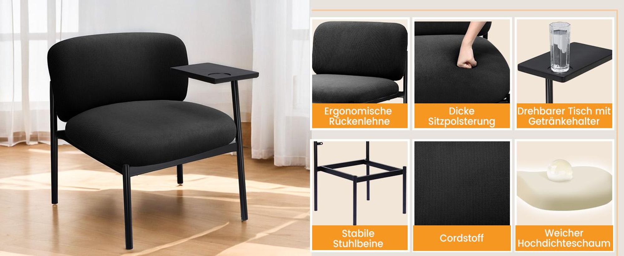COMHOMA Loungesessel Sessel Relaxsessel Ohrensessel modern, Polsterstuhl mit Metallbeinen, Einzelsofa für Wohnzimmer/Schlafzimmer/Garten, Schwarz
