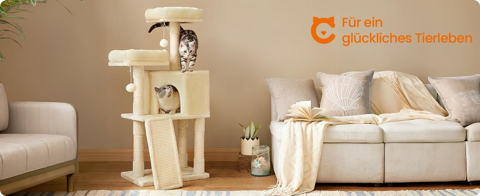 FEANDREA Kratzbaum, 115cm,vollständig mit Sisal umwickelte Säule beige