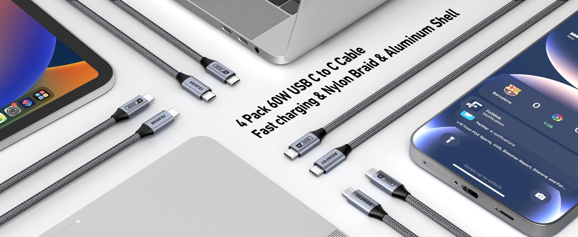 BENFEI USB-Kabel USB C auf USB C Ladekabel 60W [4 Stück 2x1M+2x2M], USB Type C Ladekabel, Schnellladeleistung