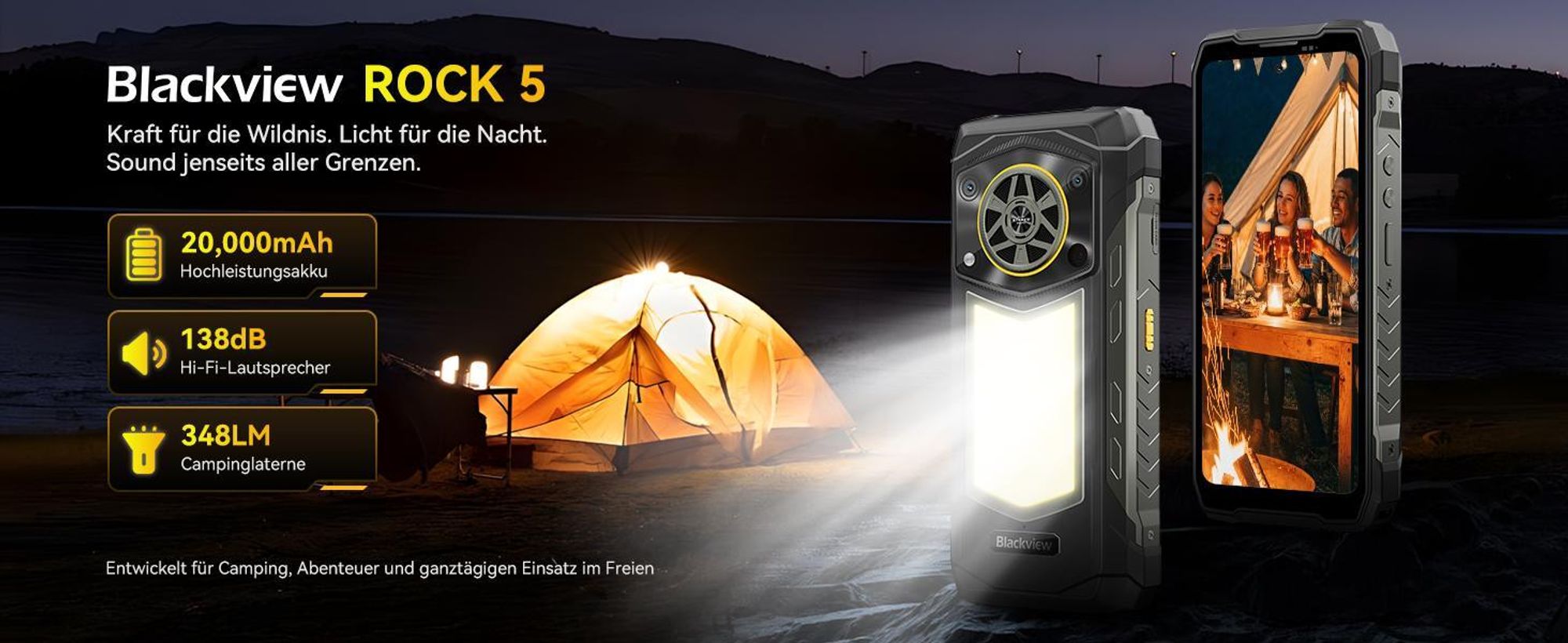 Blackview ROCK 5 Outdoor handy incl 45W Ladegerät, 48+256GB, Android 16, 20000mAh, 33W, 120Hz, 2.4K, NFC, 108MP+50MP+20MP, 348LM, IP69K&IP68