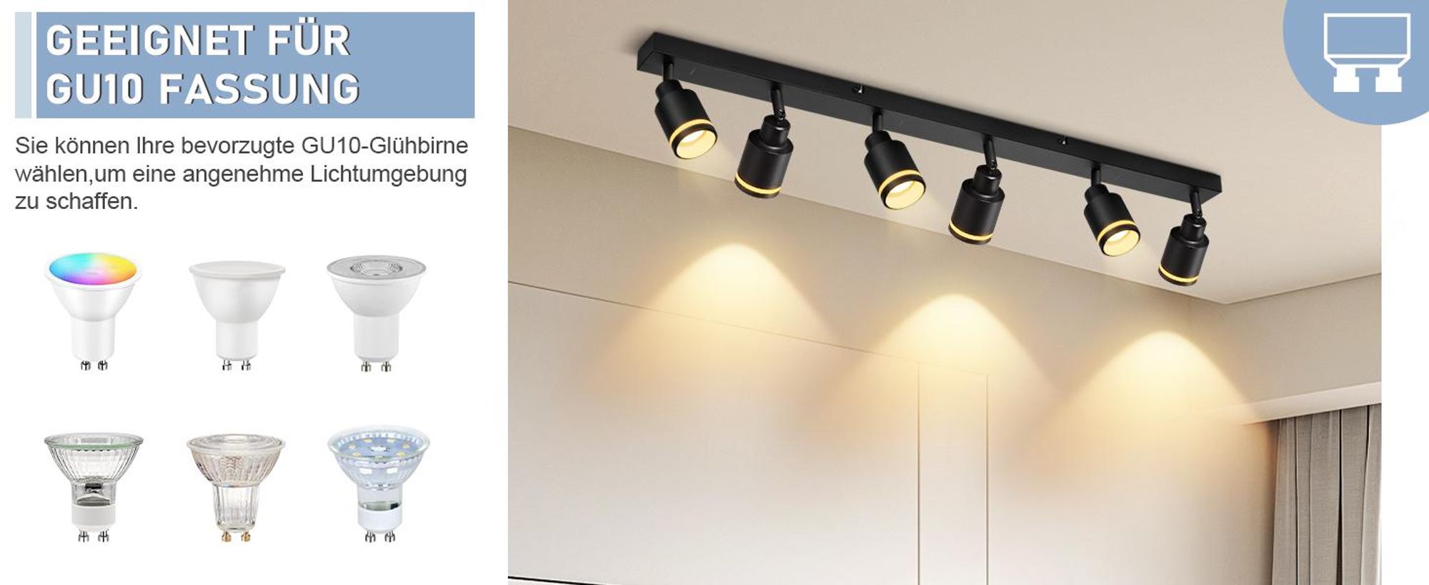ZMH Faretti da soffitto a LED a 6 luci, faretti da soffitto neri GU10, orientabili, in metallo, per soggiorno e cucina, lampadine non incluse