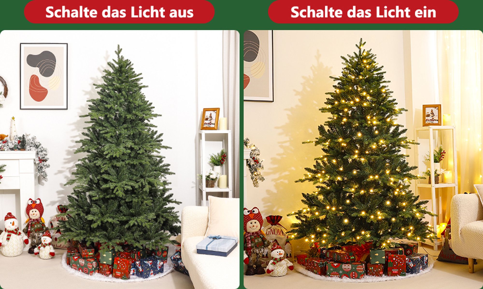 Yorbay künstlicher Weihnachtsbaum Nordmanntanne mit Beleuchtung LED Tannenbaum mit Holzständer für Weihnachten-Dekoration, aus PE und PVC, Mehrweg (210cm)