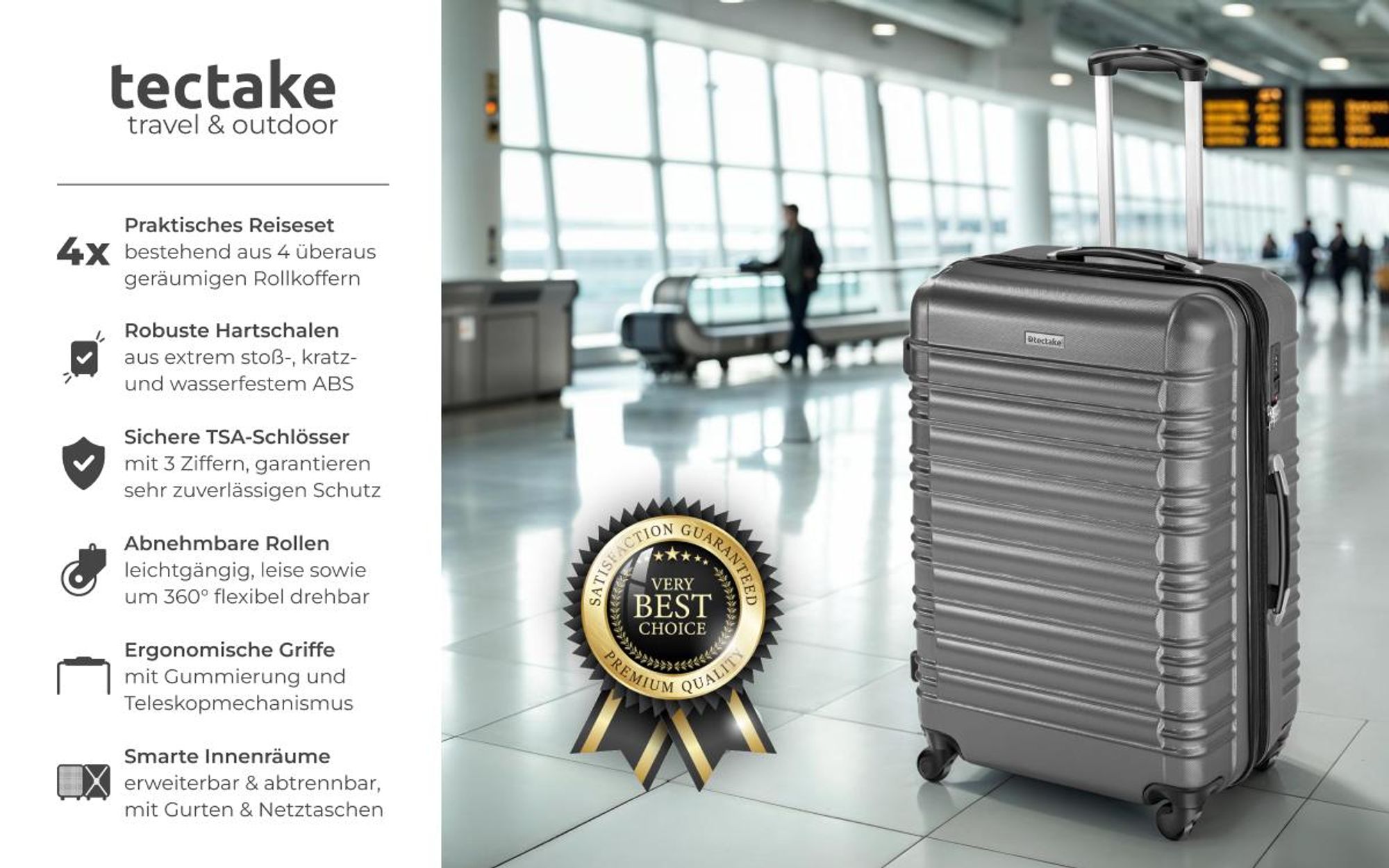 tectake® Hartschalenkoffer-Set 4-teilig, aus robustem ABS-Kunststoff