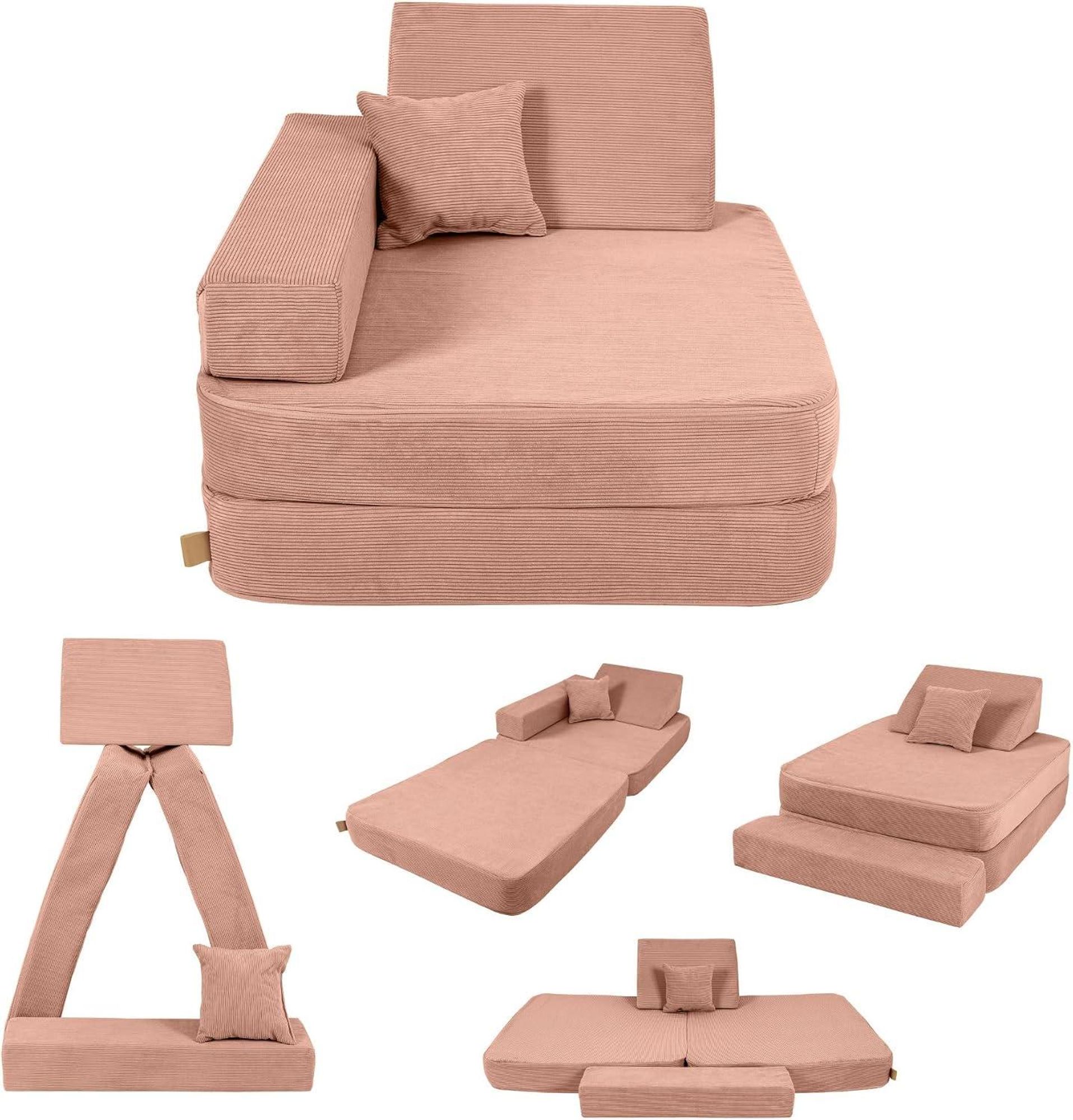 AngeLove Kindersessel 5 in 1 in Ziegelrot: Sessel, Liege, Bett, Hocker und Bauelement