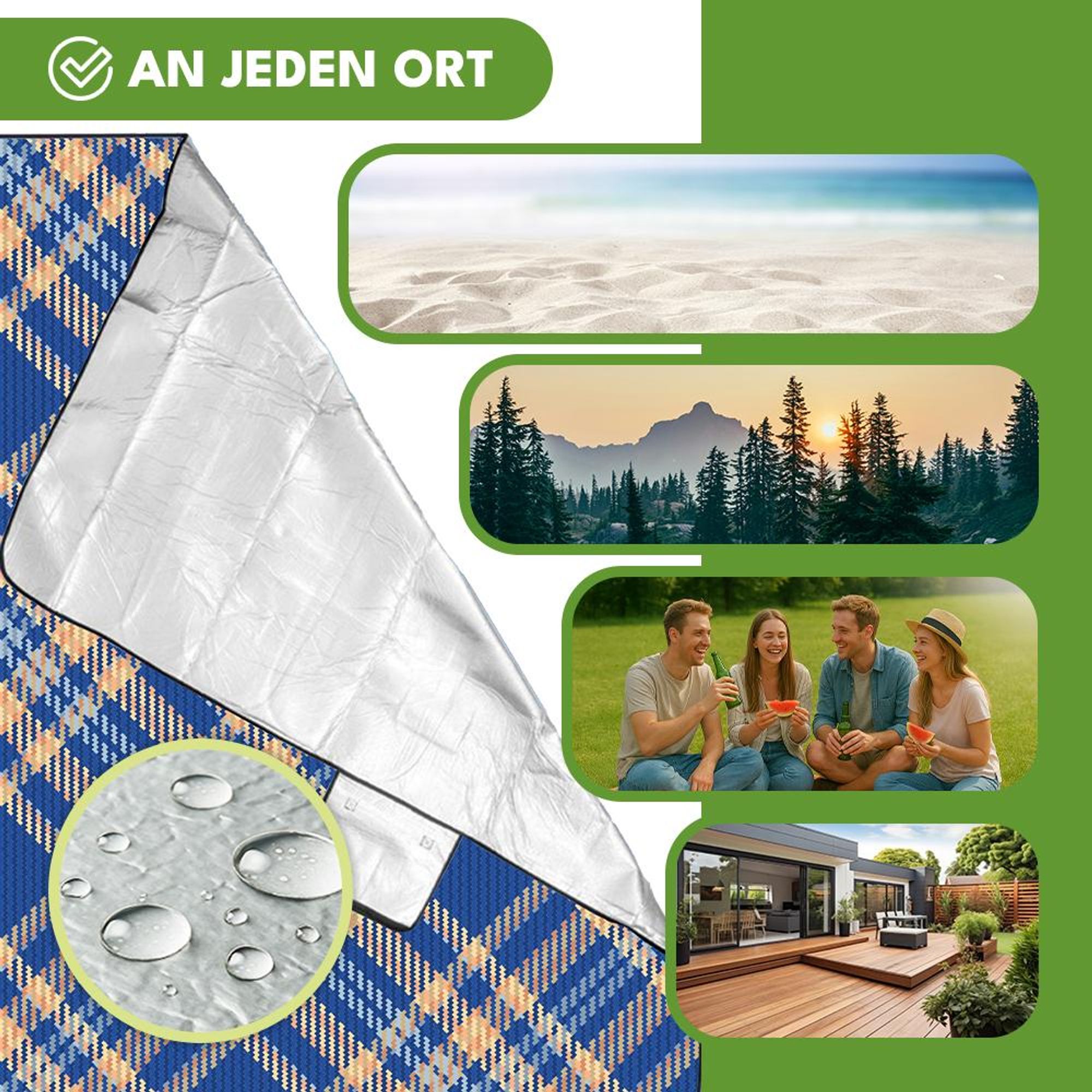 KRUMAD Picknickdecke Wasserdicht 200x200 cm XXL Isoliert Outdoor Campingdecke Faltbar mit Tragegriff Marineblau Orange