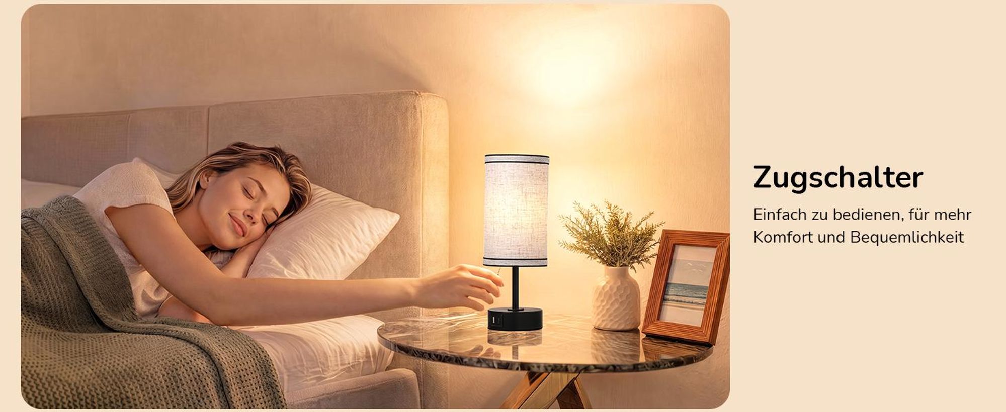 EDISHINE Nachttischlampen 2er-Set, mit USB-A- & USB-C-Anschlüssen, Modern  Zugschalter, inkl. 4W LED-Birnen E27, Tischlampe mit schwarzem Metallsockel