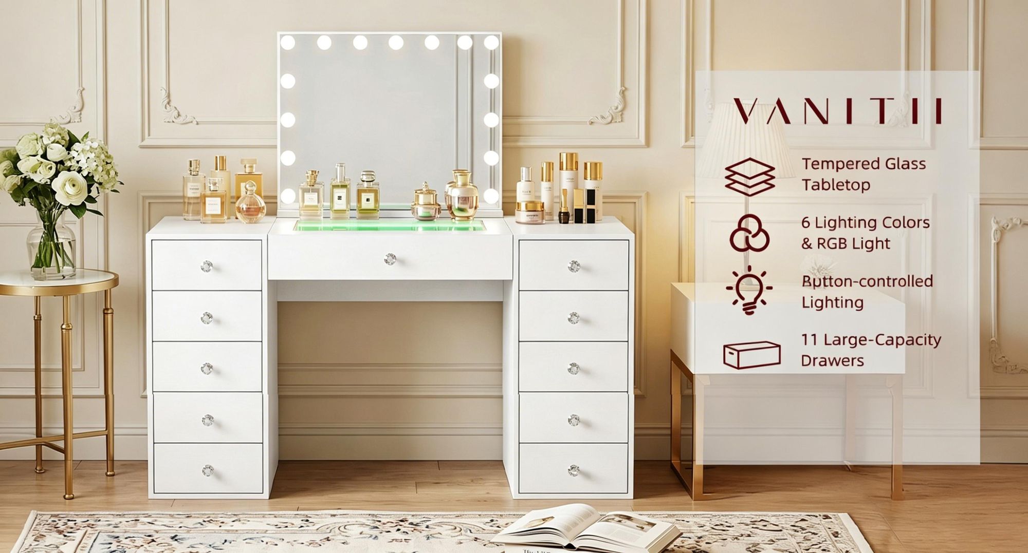 VANITII Coiffeuse LED 6 modes – 11 tiroirs, blanc minimaliste 130×81×55 cm (miroir 58×46 cm)