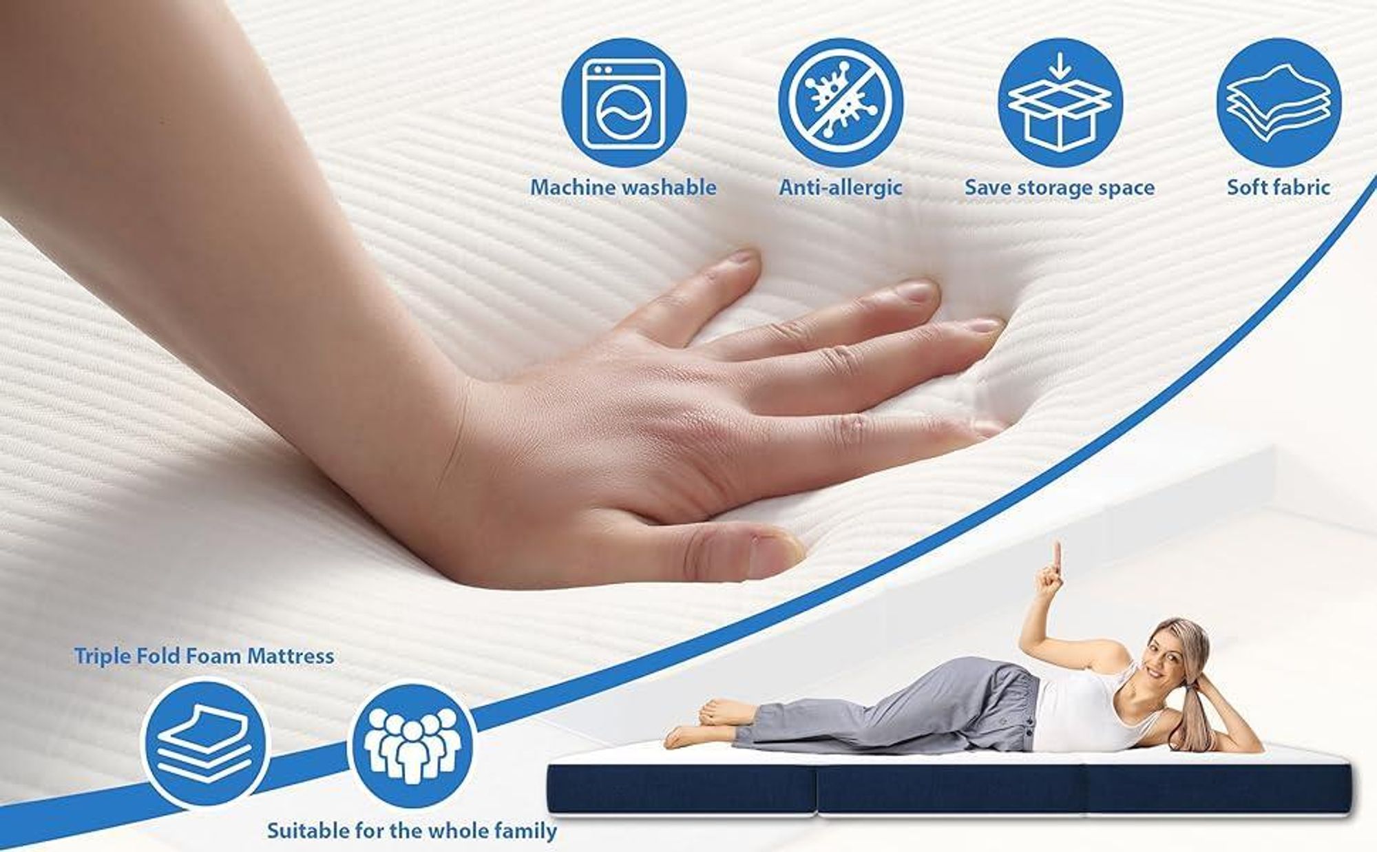 DEWINNER Matelas Pliant Triple, Matelas d'invité Polyvalent, 15cm Mousse épaisse, Housse Amovible et Lavable en Machine