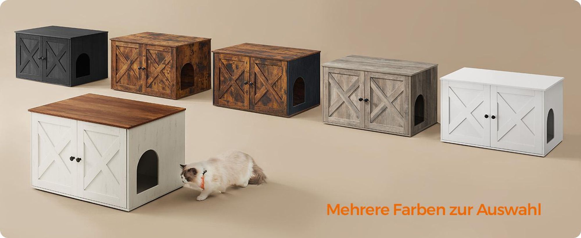 FEANDREA Katzentoilette,80x53x49,2cm,mit herausnehmbarem Trennwand honigbraun-vintageweiß