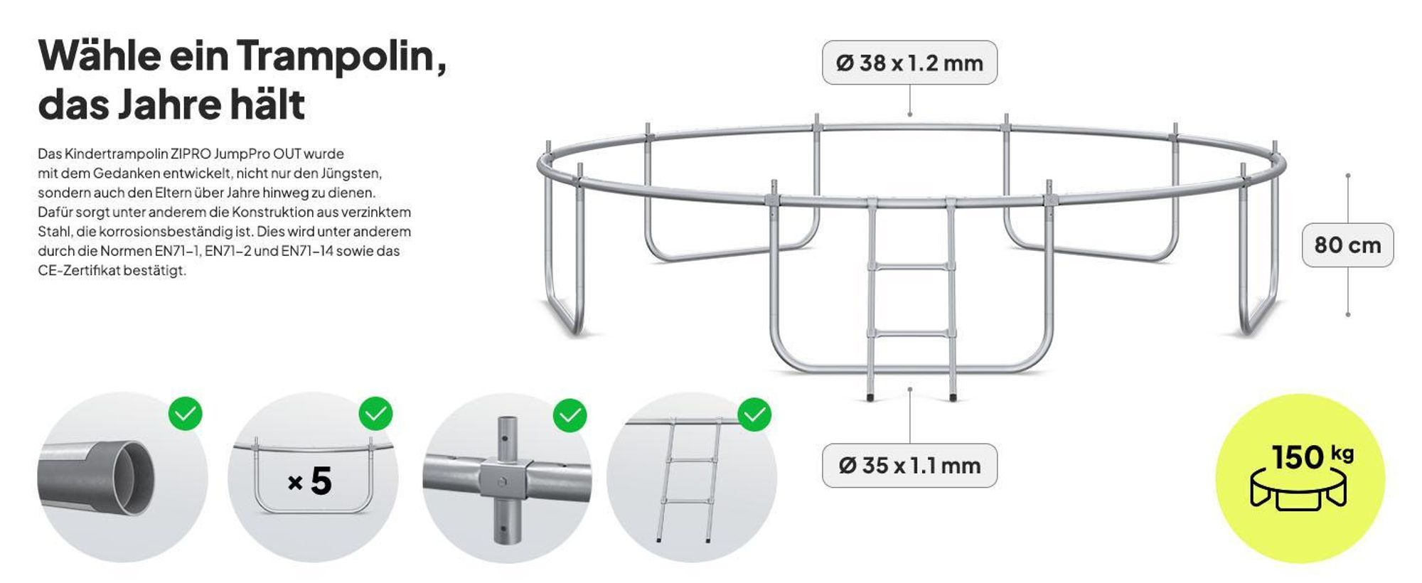 ZIPRO Trampolin Jump Pro Out | 12FT Ø 374 cm | Gartentrampolin Kindertrampolin Komplett-Set inkl. Außennetz, Leiter & Randabdeckung, Outdoor, Grün
