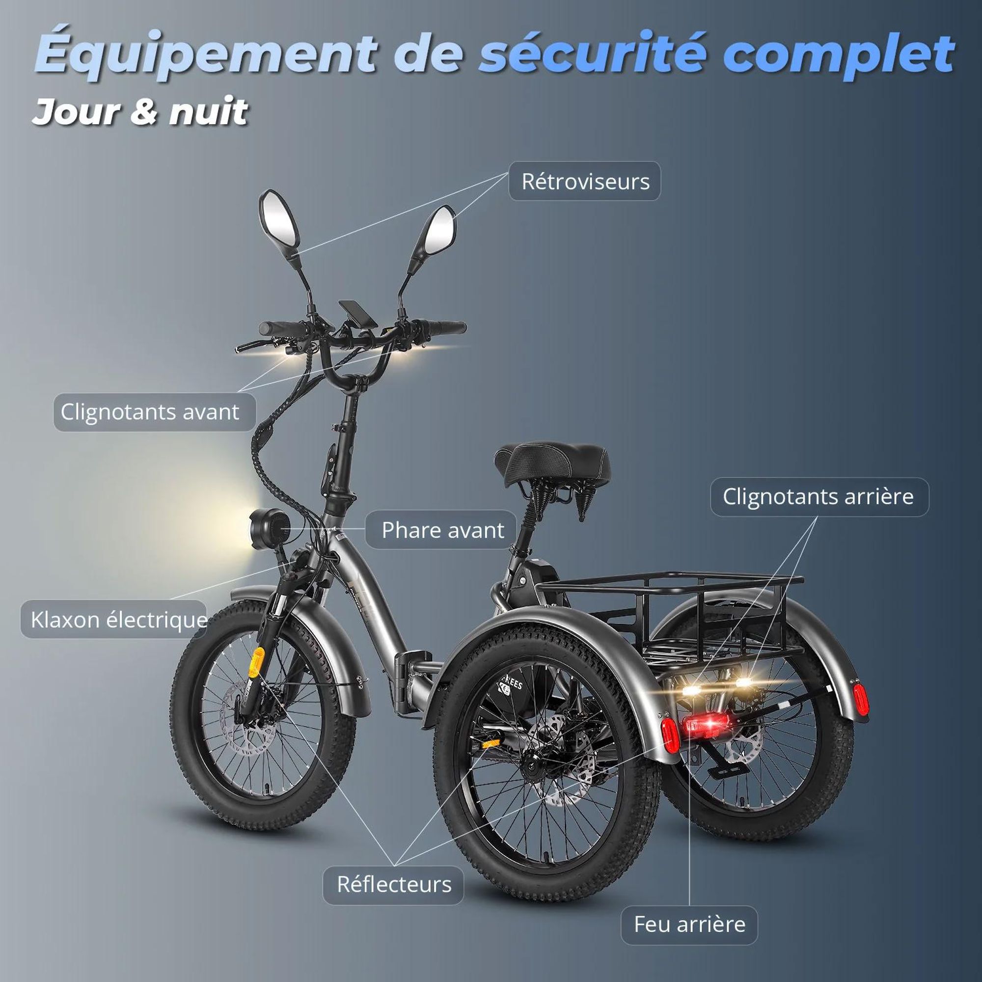 FAFREES F20 Mate Triporteur Électrique - Batterie 48V21AH Freins Hydrauliques - Gris bleu