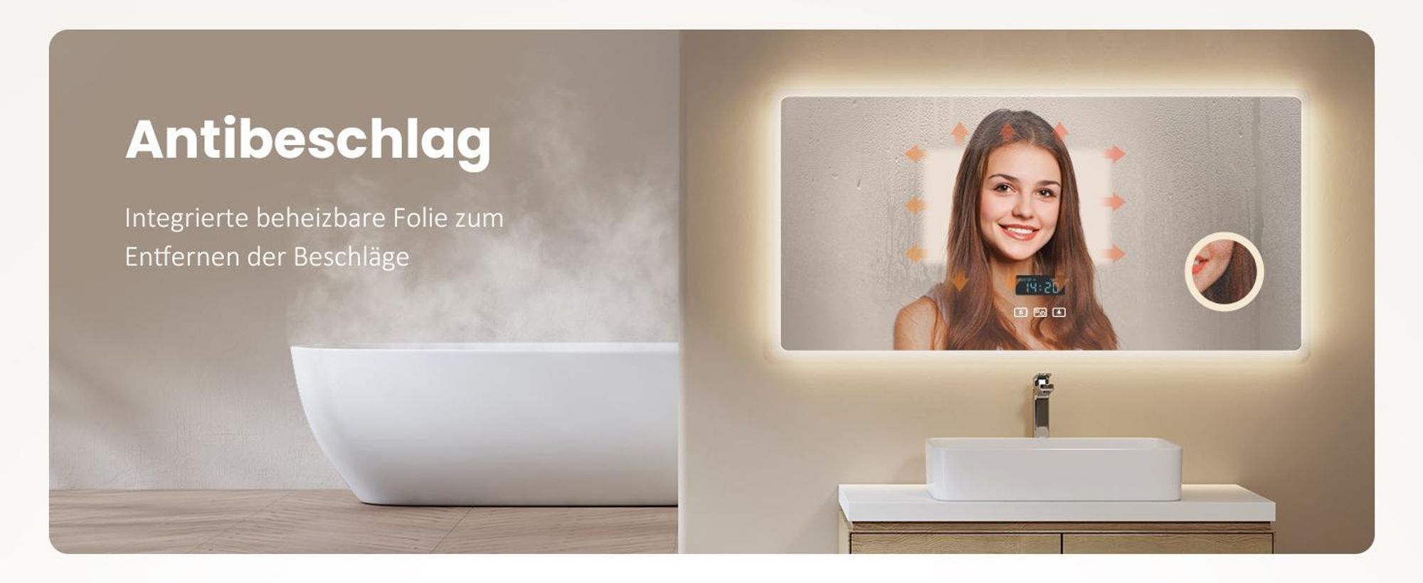 EMKE Badspiegel mit 3X Vergrößerung Touchschalter 3 Lichtfarben Dimmbar Antibeschlag Uhr Bluetooth 80X60cm