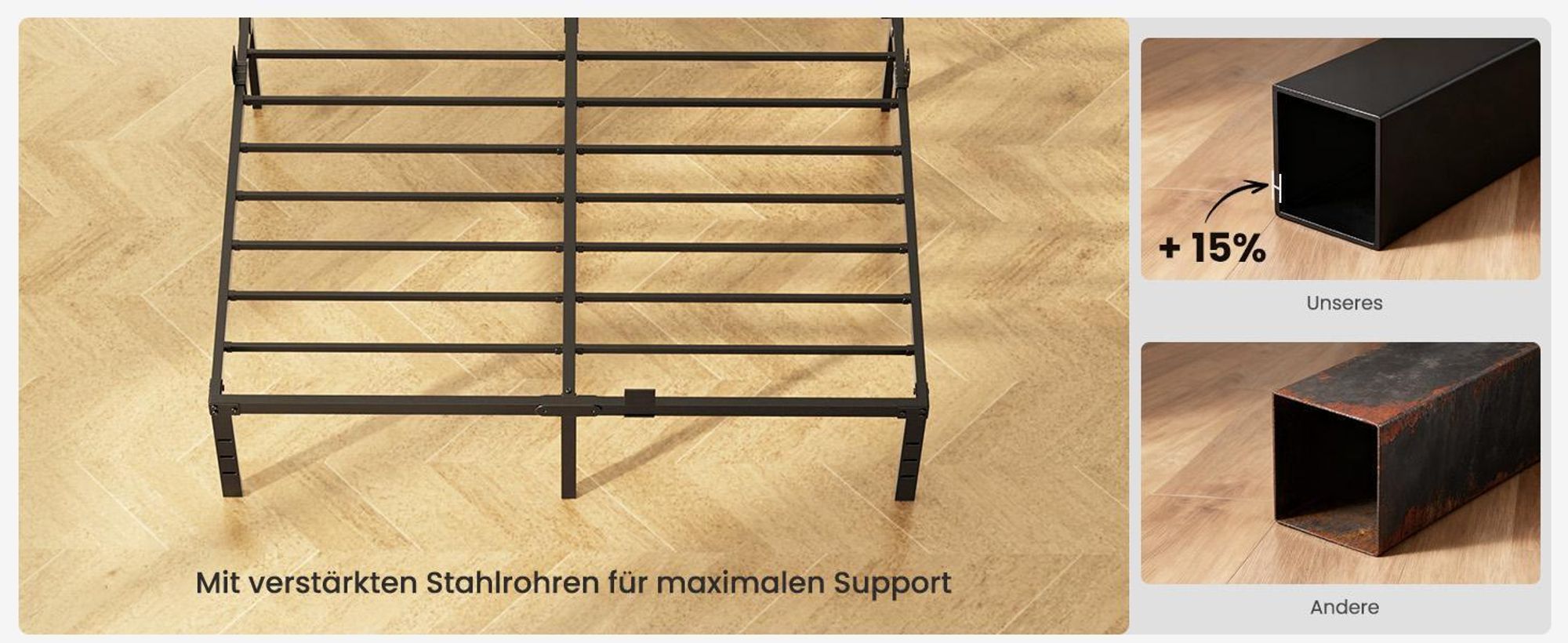 Bett 160 x 200 cm, Bettgestell mit Stauraum, Modernes Doppelbett KUTAS, Metallbett mit 14 Reihen Metalllamellen, Industriestil, bis 480 kg, Schwarz