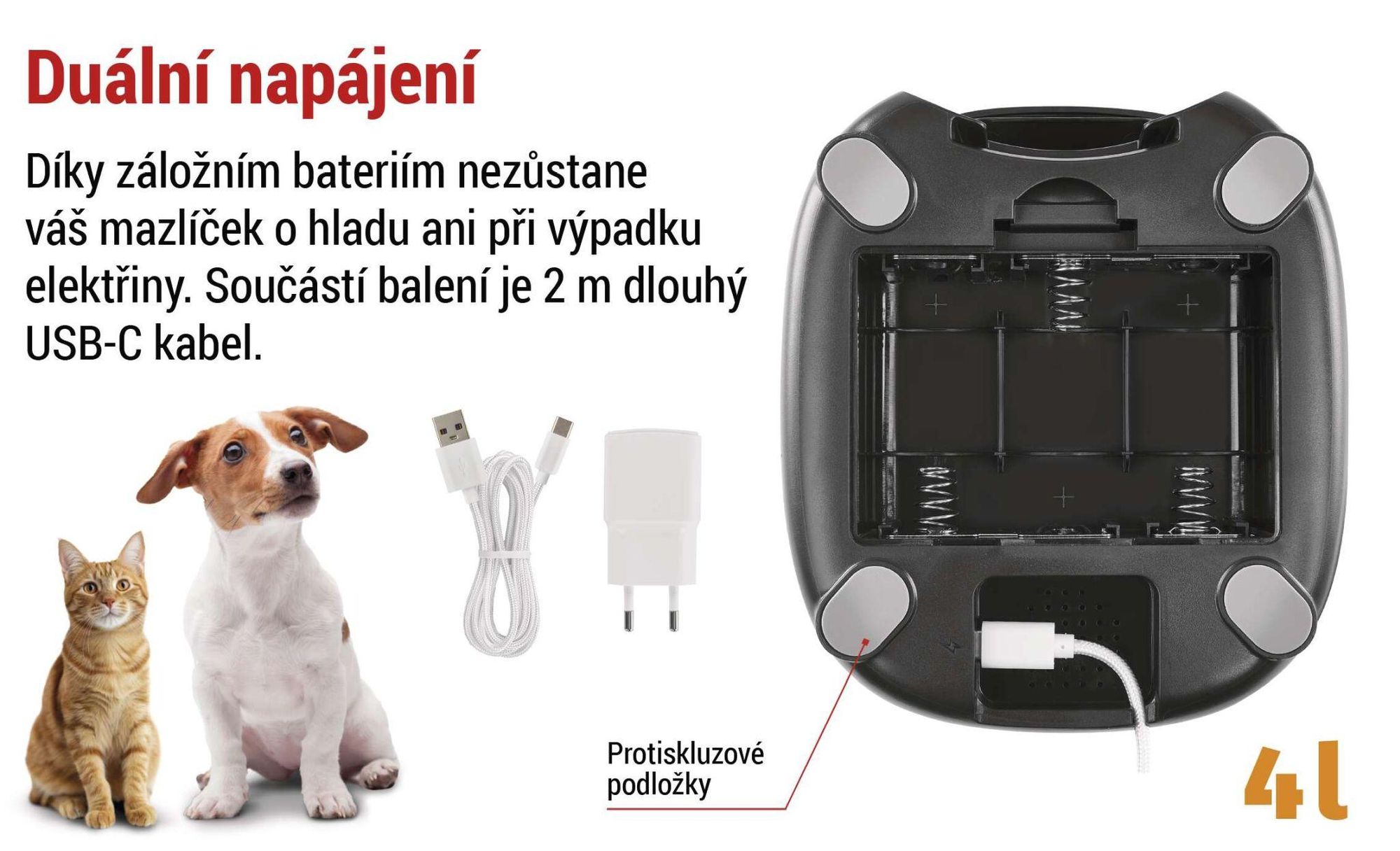 Automatické krmítko EMOS 4l, dávkovač krmiva pro psy a kočky s programovatelným časovačem, s dávkováním 1-6 jídel denně, černá barva