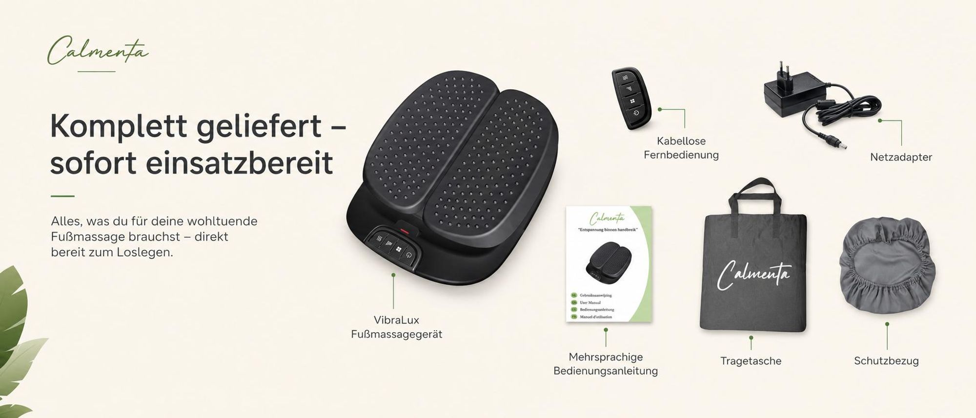 Lieferumfang: VibraLux, Fernbedienung, Netzadapter, Anleitung, Tragetasche, Schutzbezug