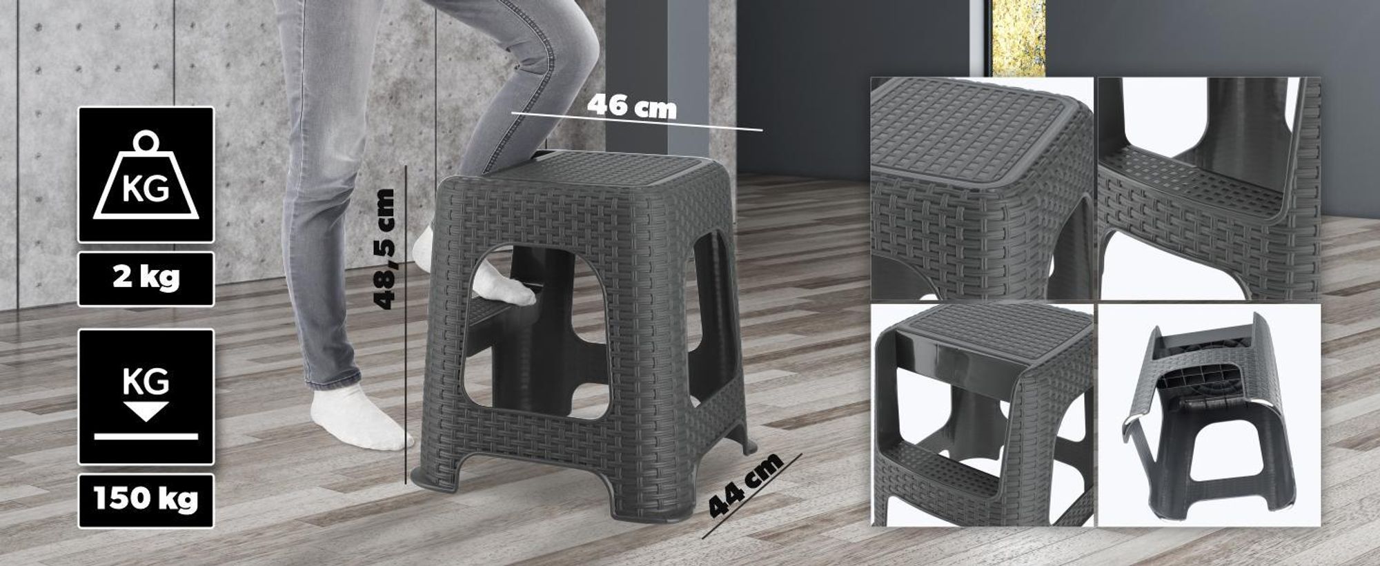 KADAX Hocker aus Kunststoff-Recyclingmaterialien, 48cm, Graphit