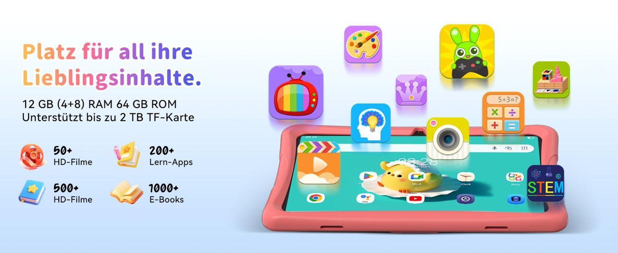 Tabwee K10 Kids 10.1" Rosa Tablet, Google Kids Space, 4GB RAM+64GB ROM, Android 15 WiFi Tablet für Kind mit Kindgerechte Hülle und Stift, 5000mAh