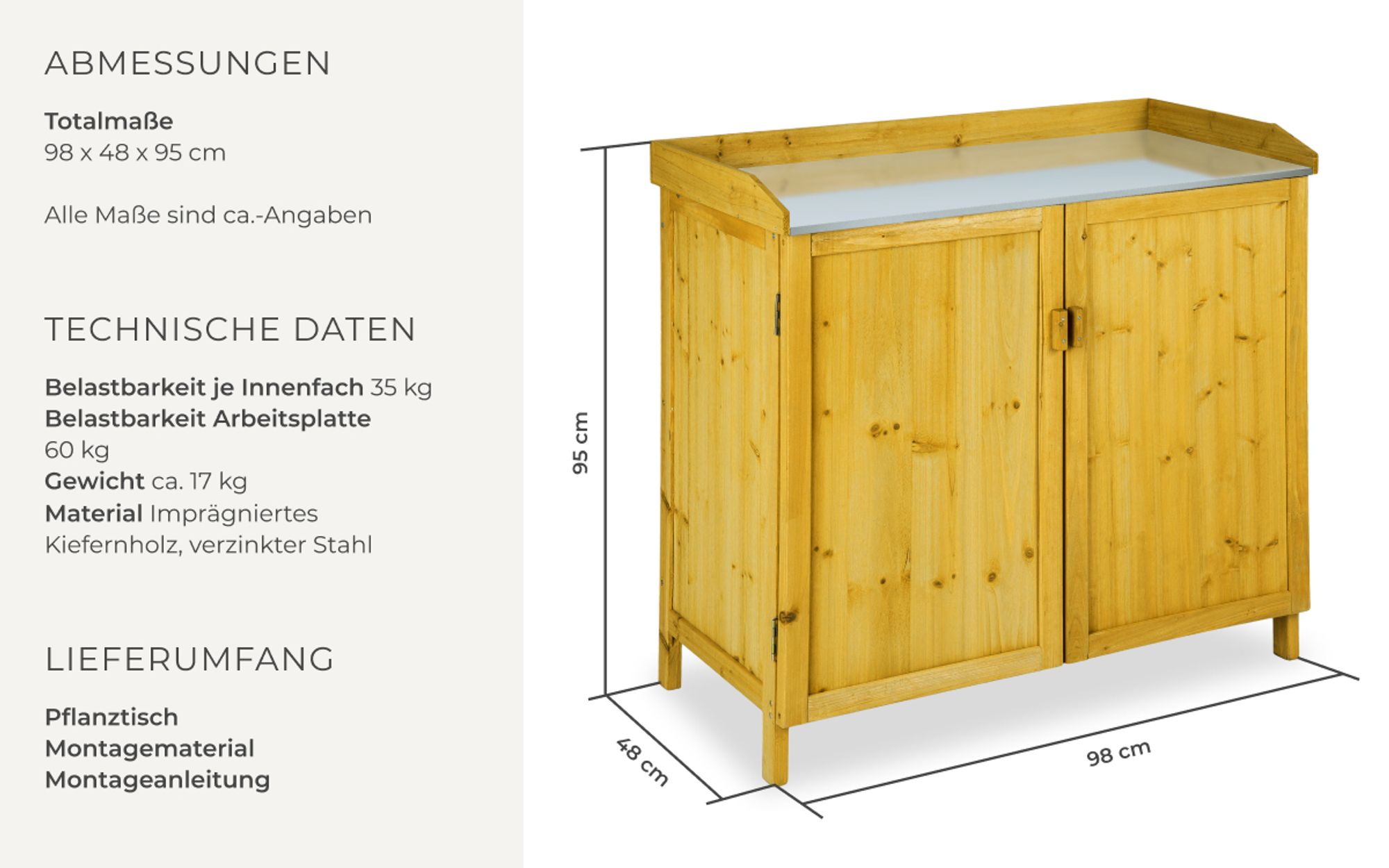 tectake® Pflanztisch Vita 98 x 48 x 95 cm