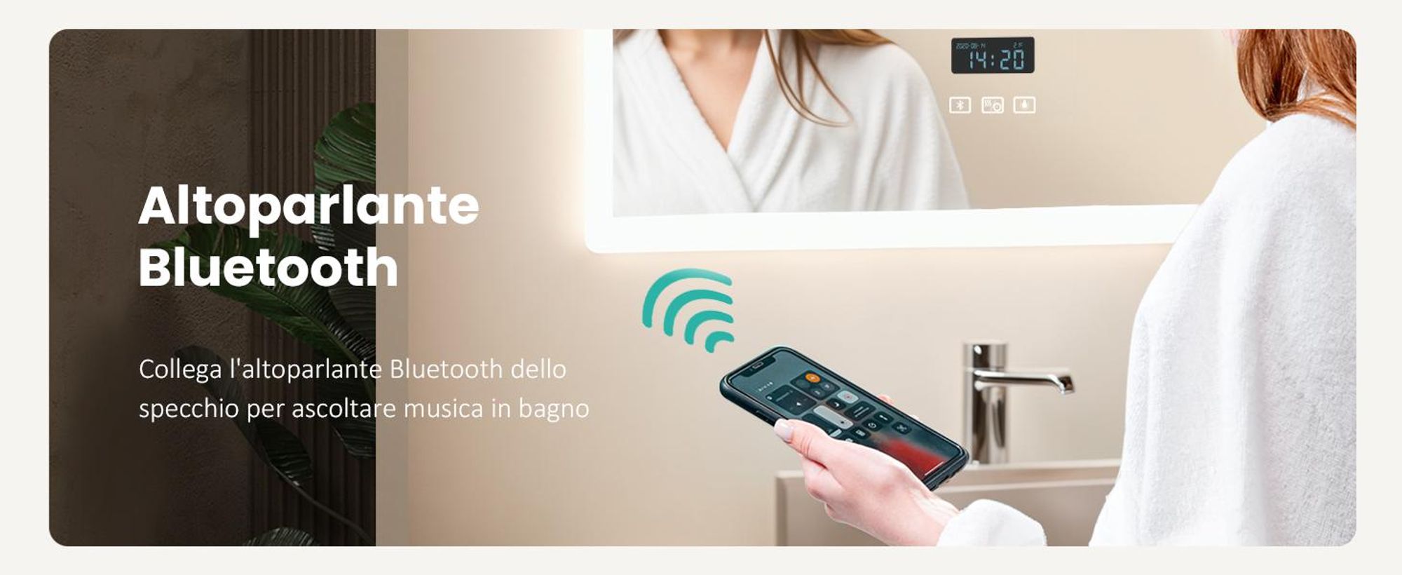 EMKE Specchio da bagno con ingrandimento 3X Interruttore touch 3 colori di luce Dimmerabile Orologio antiappannamento Bluetooth 80X60cm