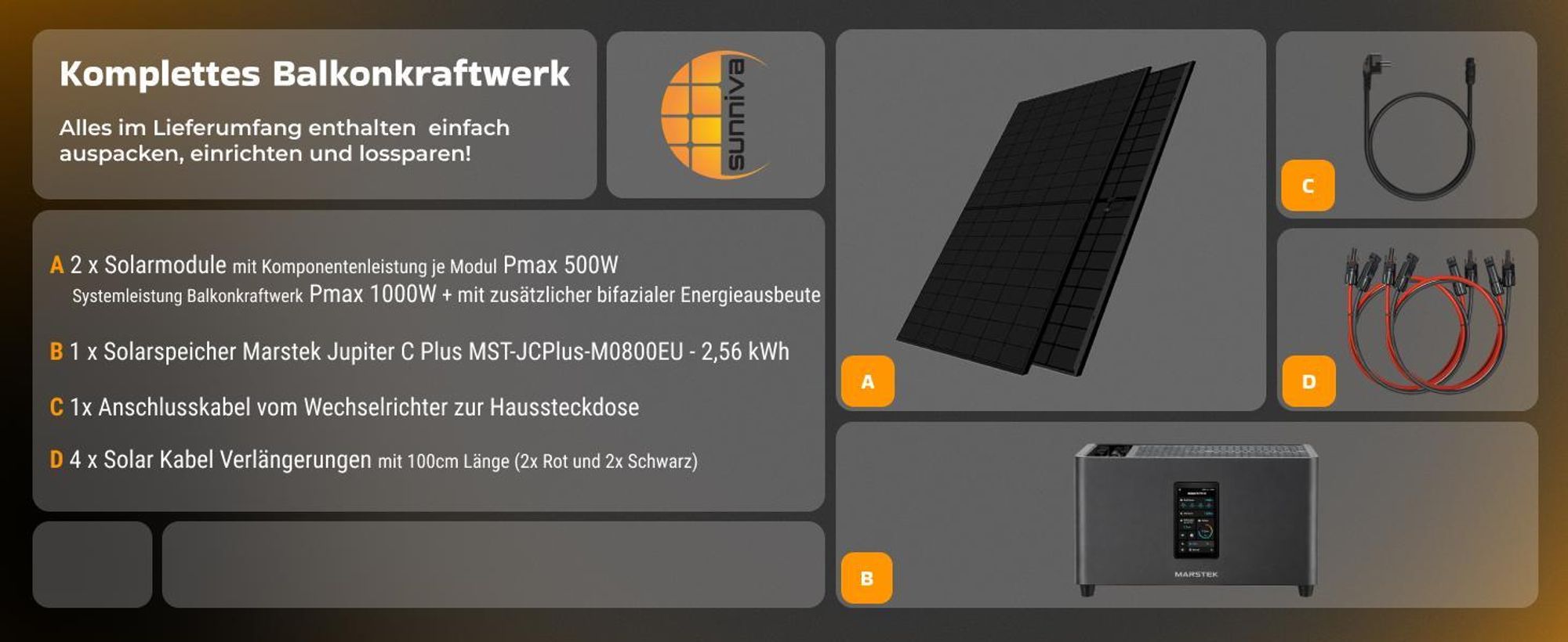 SUNNIVA® 1000W Balkonkraftwerk mit 2,24 kWh Speicher MARSTEK Jupiter C + Plus, 2x500W BIFAZIAL FULLBLACK komplett Steckdose, Solaranlage Solarspeicher