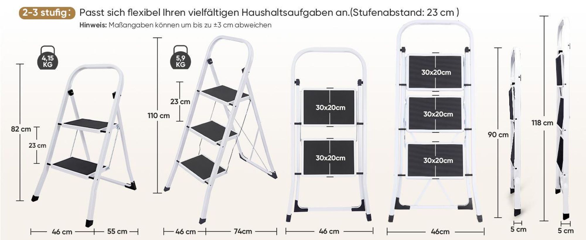 Sekey Trittleiter Klappleiter 3 Stufen – bis 150 kg, rutschfest, Lock-Klappsperre, Haushaltsleiter